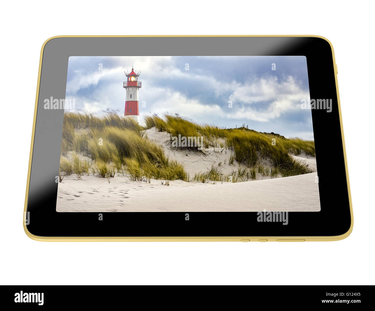 3D Illustration - Tablet mit Leuchtturm auf dem Display - Leuchtturm auf Sylt, Deutschland Stockfoto