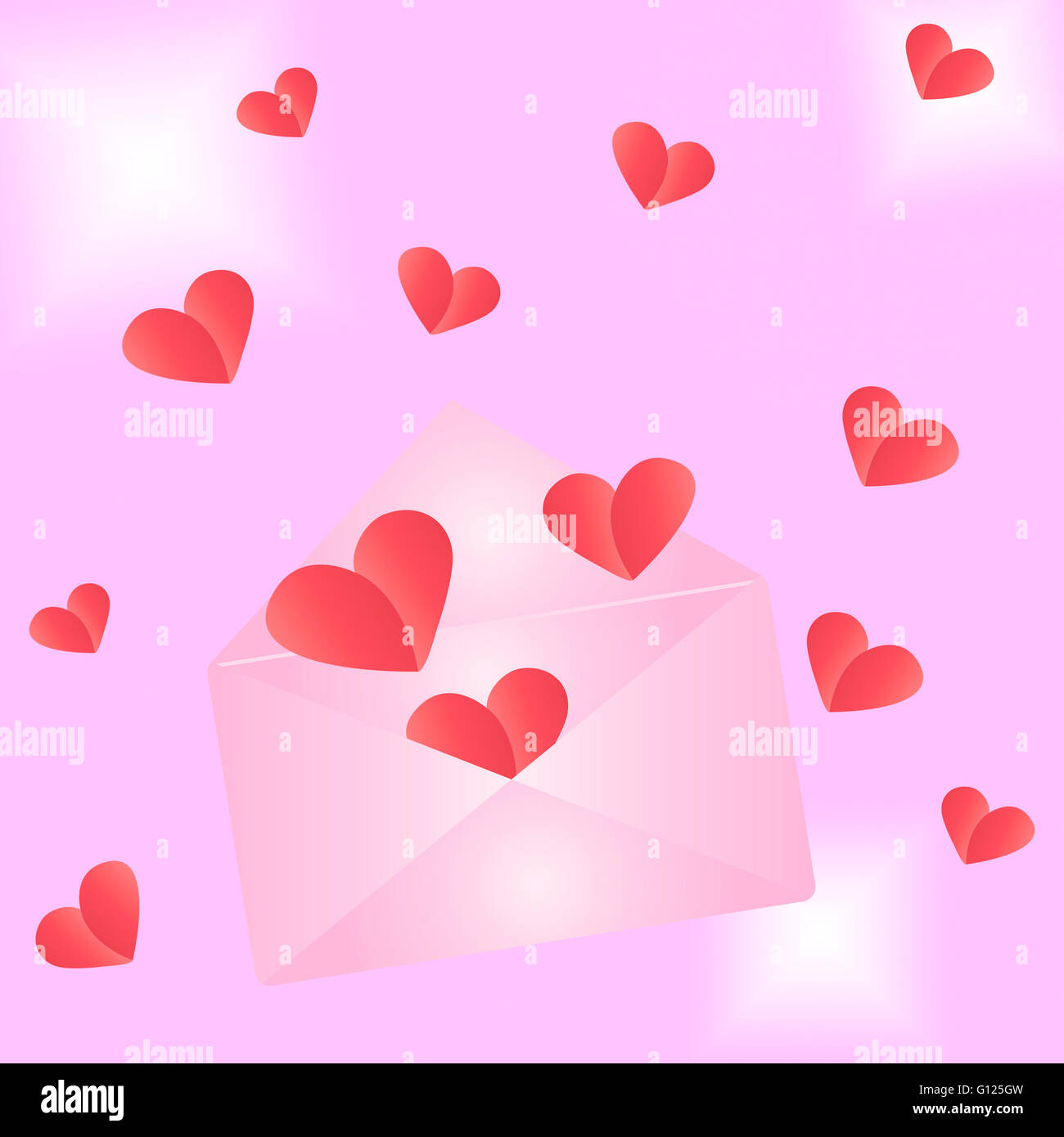 Umschlag mit Herzen auf dem hellen Hintergrund Stockfoto