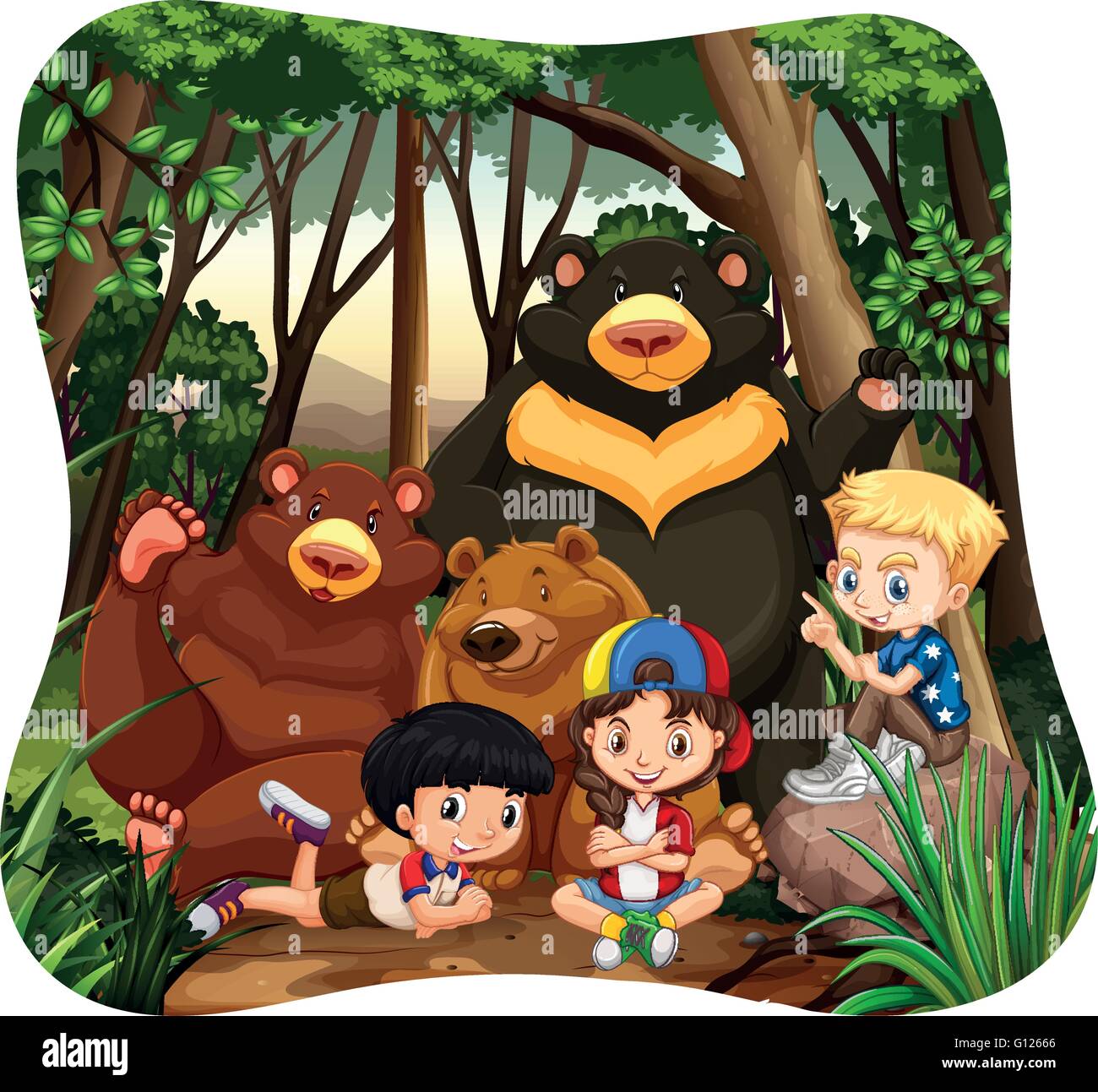 Kinder und Grizzly Bären in der Dschungel-Abbildung Stock Vektor