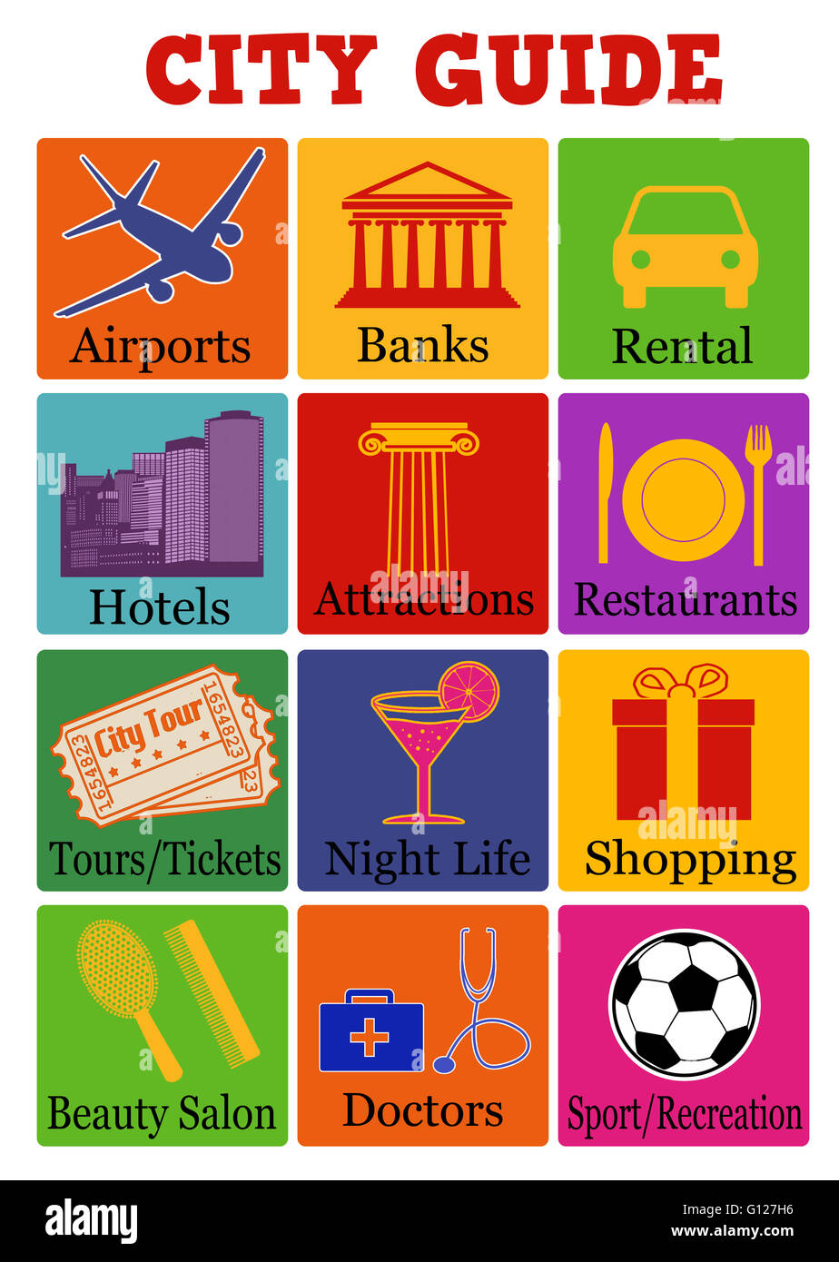 City Travel Guide Symbole auf farbigem Hintergrund, Vektor-illustration Stockfoto