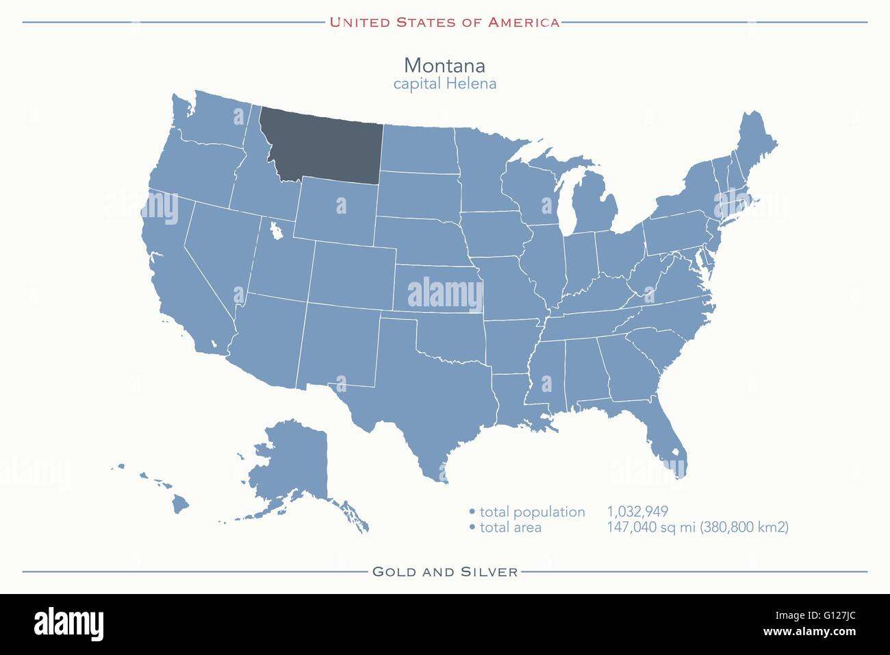 Vereinigte Staaten von Amerika isoliert Karte und Montana Staatsgebiet. politische Karte der USA Vektor. geografischen Banner Vorlage Stock Vektor