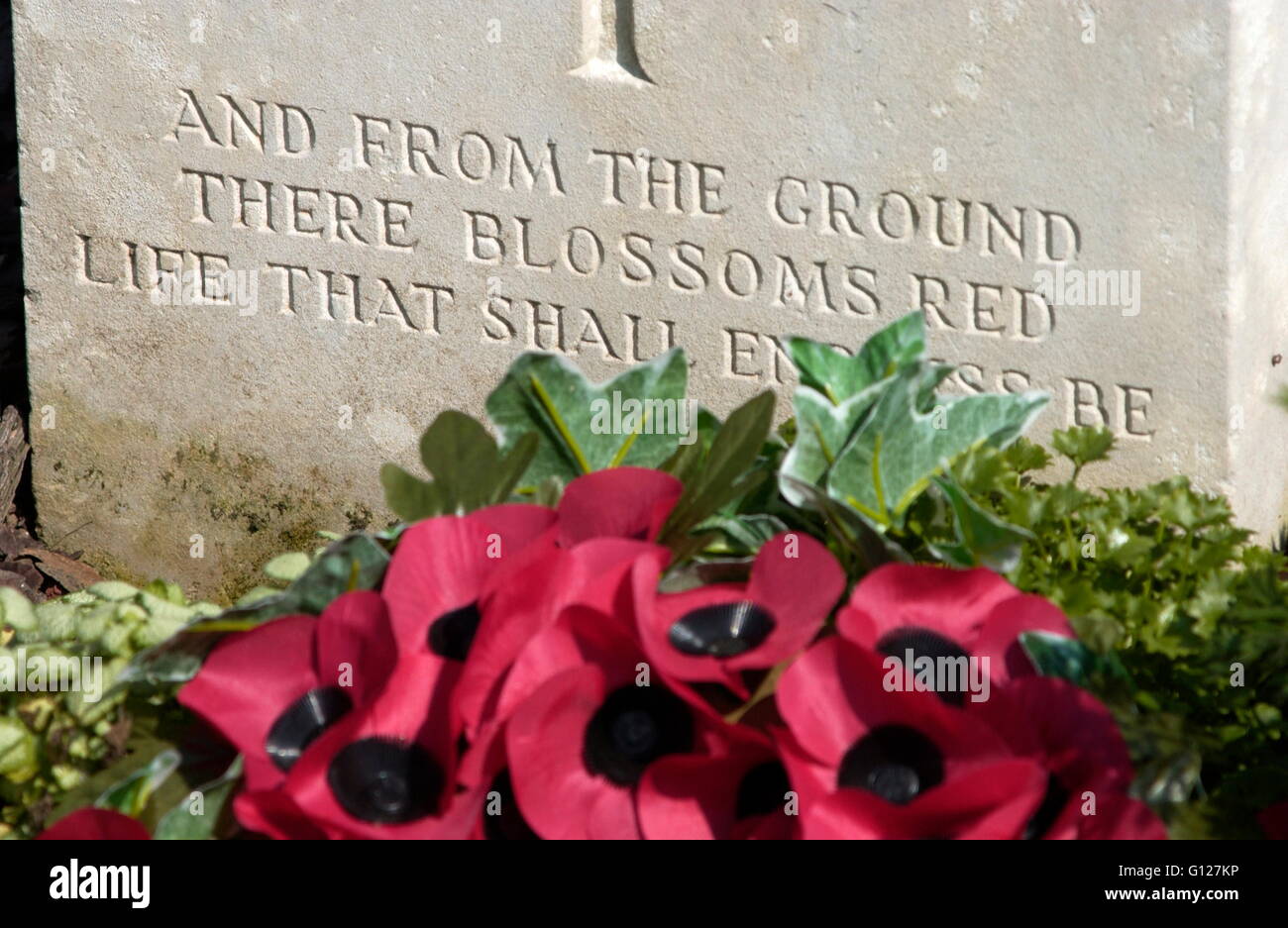 AJAX NACHRICHTEN FOTOS - 2005 - COMMONWEALTH KRIEGSGRÄBER FRIEDHOF - ETAPLES - FRANKREICH. BEFINDET SICH AUF DER D940 VON BOULOGNE NACH LE TOUQUET. INSCHRIFT AUF DEM GRABSTEIN. FOTO: JONATHAN EASTLAND/AJAX REF: D50109/348 Stockfoto