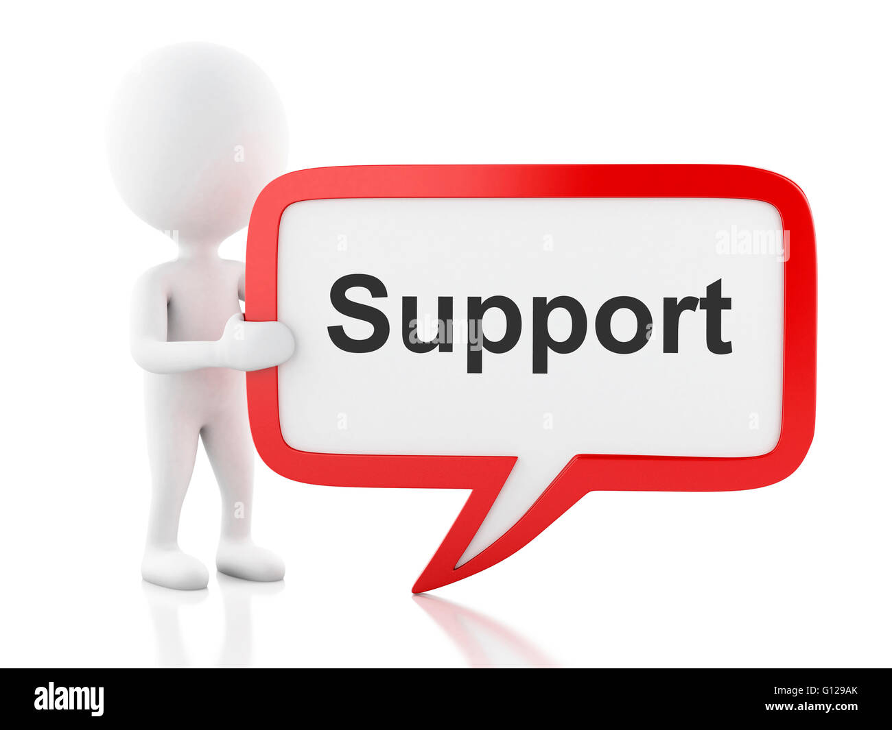 3D Renderer Bild. Weiße Leute mit Sprechblase, die Support sagt. Business-Konzept. Isolierten weißen Hintergrund. Stockfoto