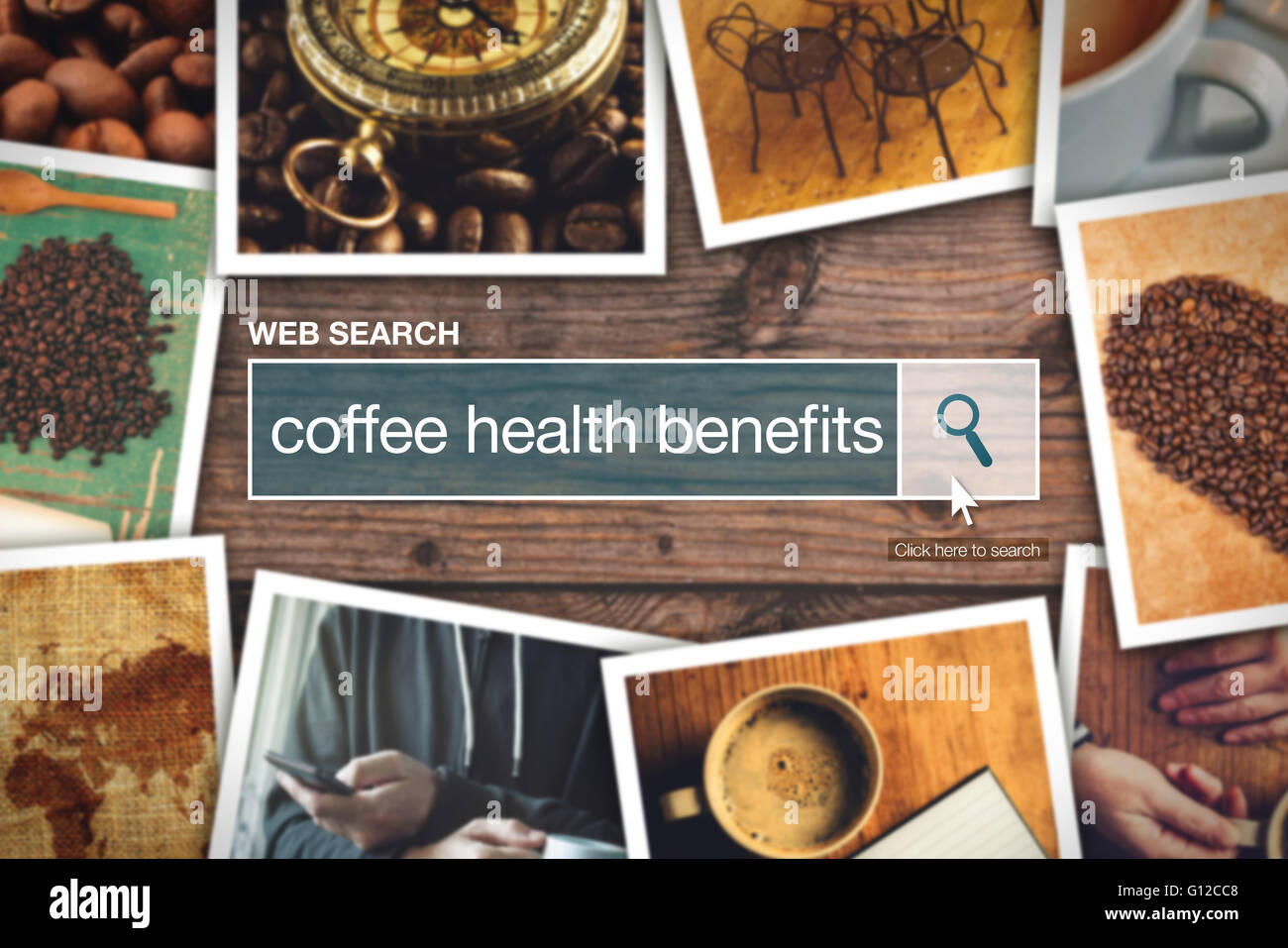 Web Suche Bar Glossarbegriff - Kaffee Gesundheit Vorteile Definition im Internet Glossar. Stockfoto