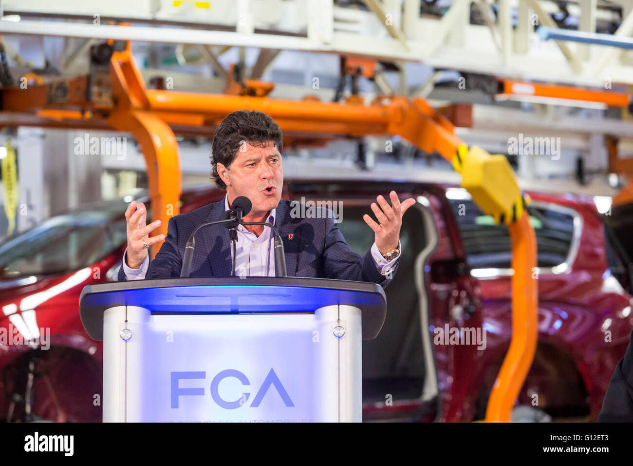 Windsor, Ontario Kanada - Jerry Dias, Präsident der Unifor, die Union der kanadischen Autoarbeiter, vertritt spricht bei Fiat Chry Stockfoto