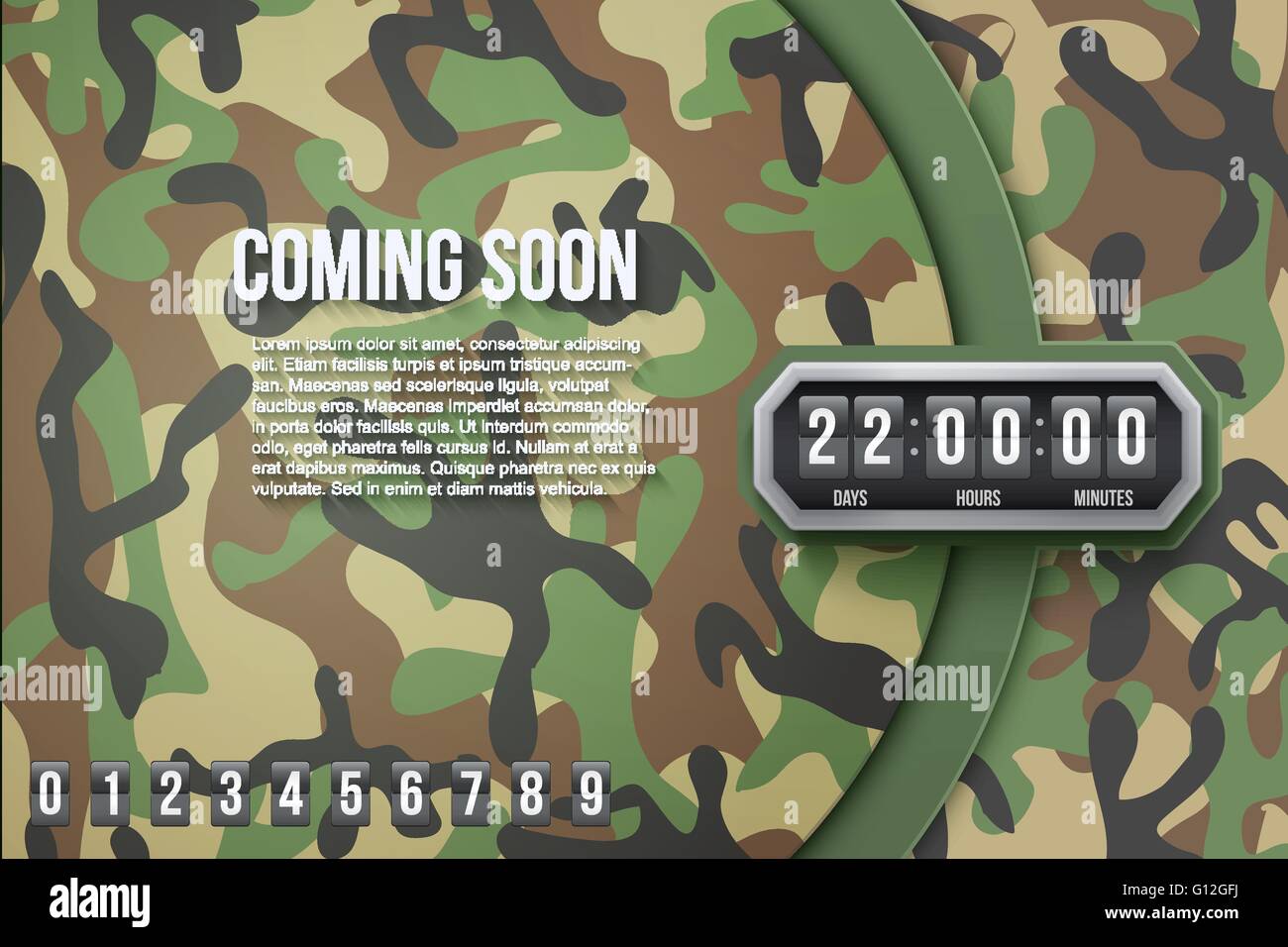 Hintergrund-Coming Soon und Countdown-Timer. Camo-Vektor. Stock Vektor