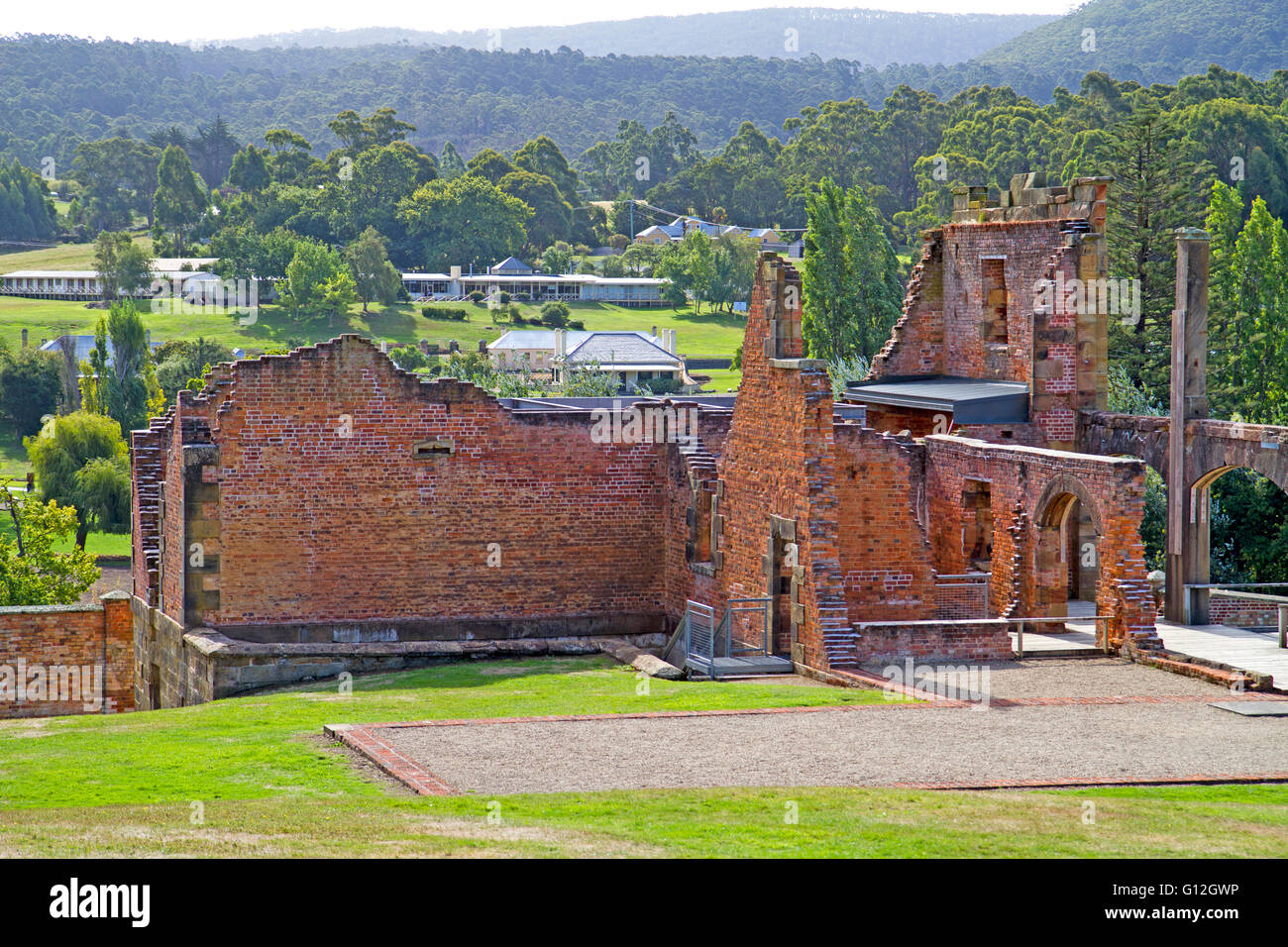 Blick über Port Arthur und zerstörten Sträfling Krankenhaus Stockfoto