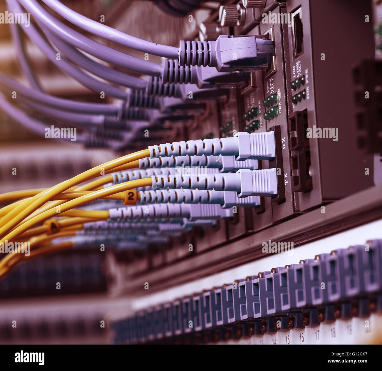 Faser-Optik-Servern und Hardwares in einem Internet-Rechenzentrum Stockfoto