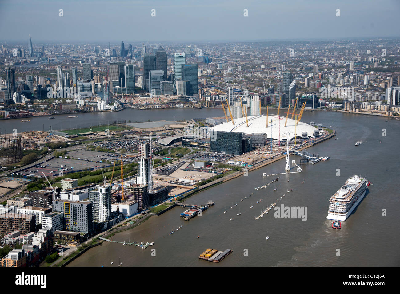 Pic zeigt Greenwich Halbinsel Canary Wharf und die Themse Stockfoto