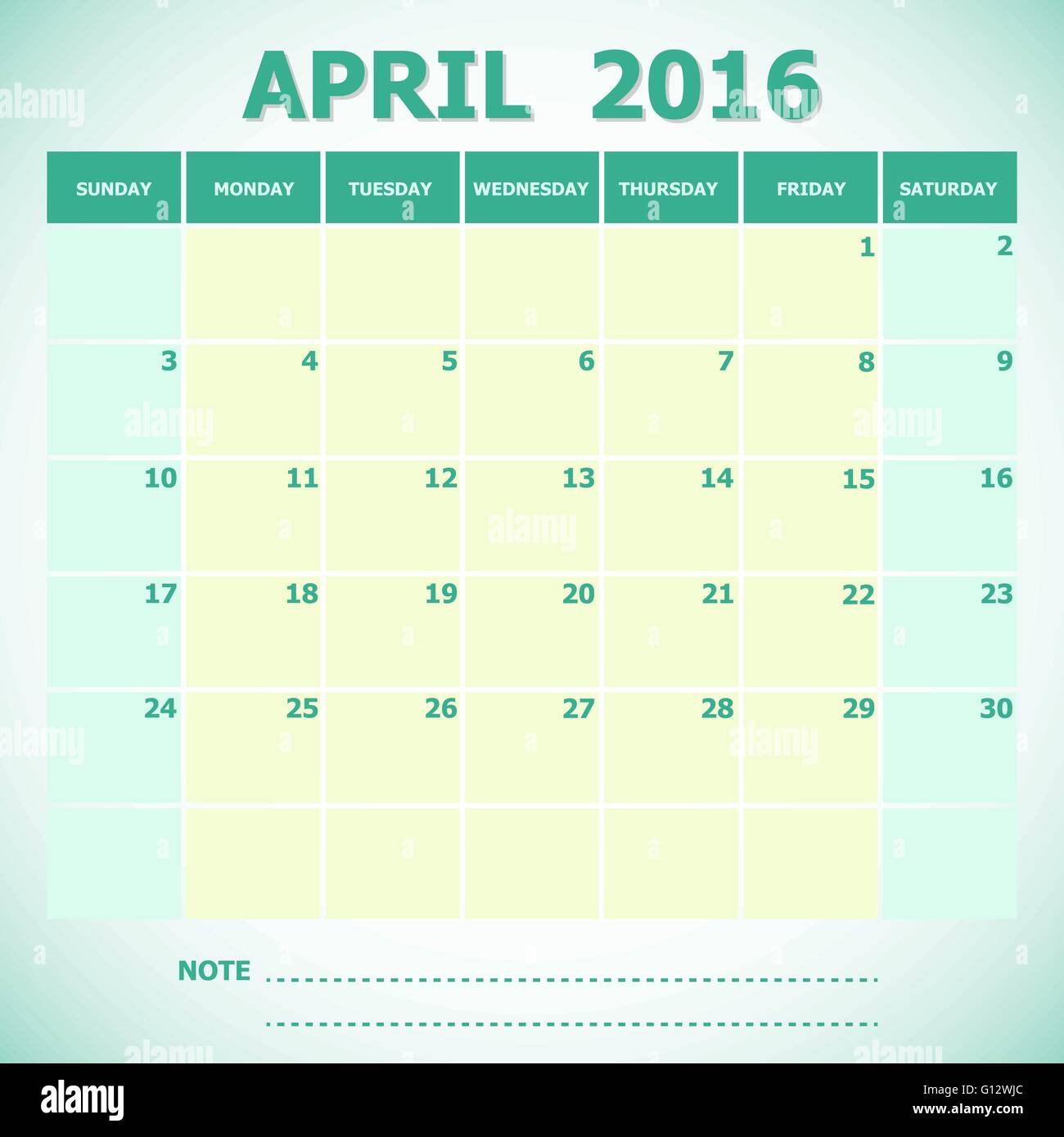 Kalender beginnt April 2016 Woche Sonntag, Lager Vektor Stock Vektor
