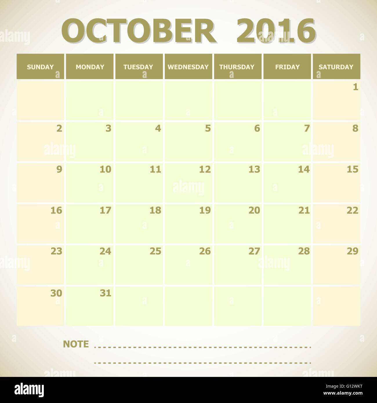 Kalender beginnt Oktober 2016 Woche Sonntag, Lager Vektor Stock Vektor