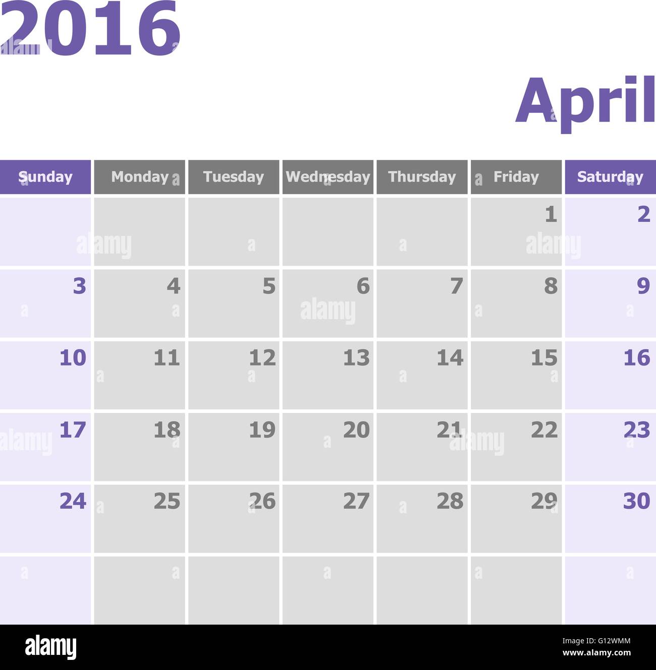 Kalender April 2016 Woche beginnt ab Sonntag, Lager Vektor Stock Vektor