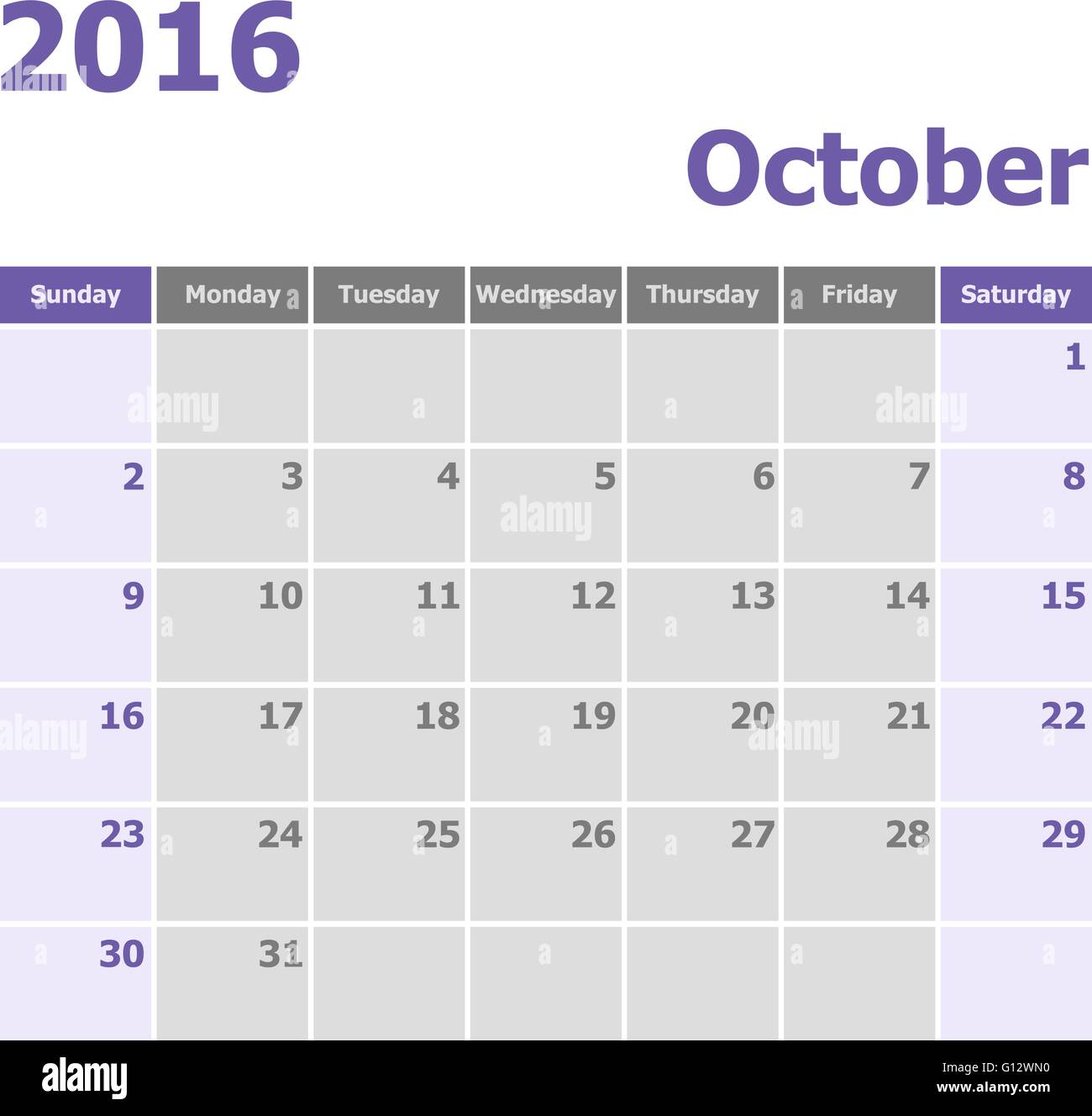 Kalender Oktober 2016 Woche beginnt ab Sonntag, Lager Vektor Stock Vektor