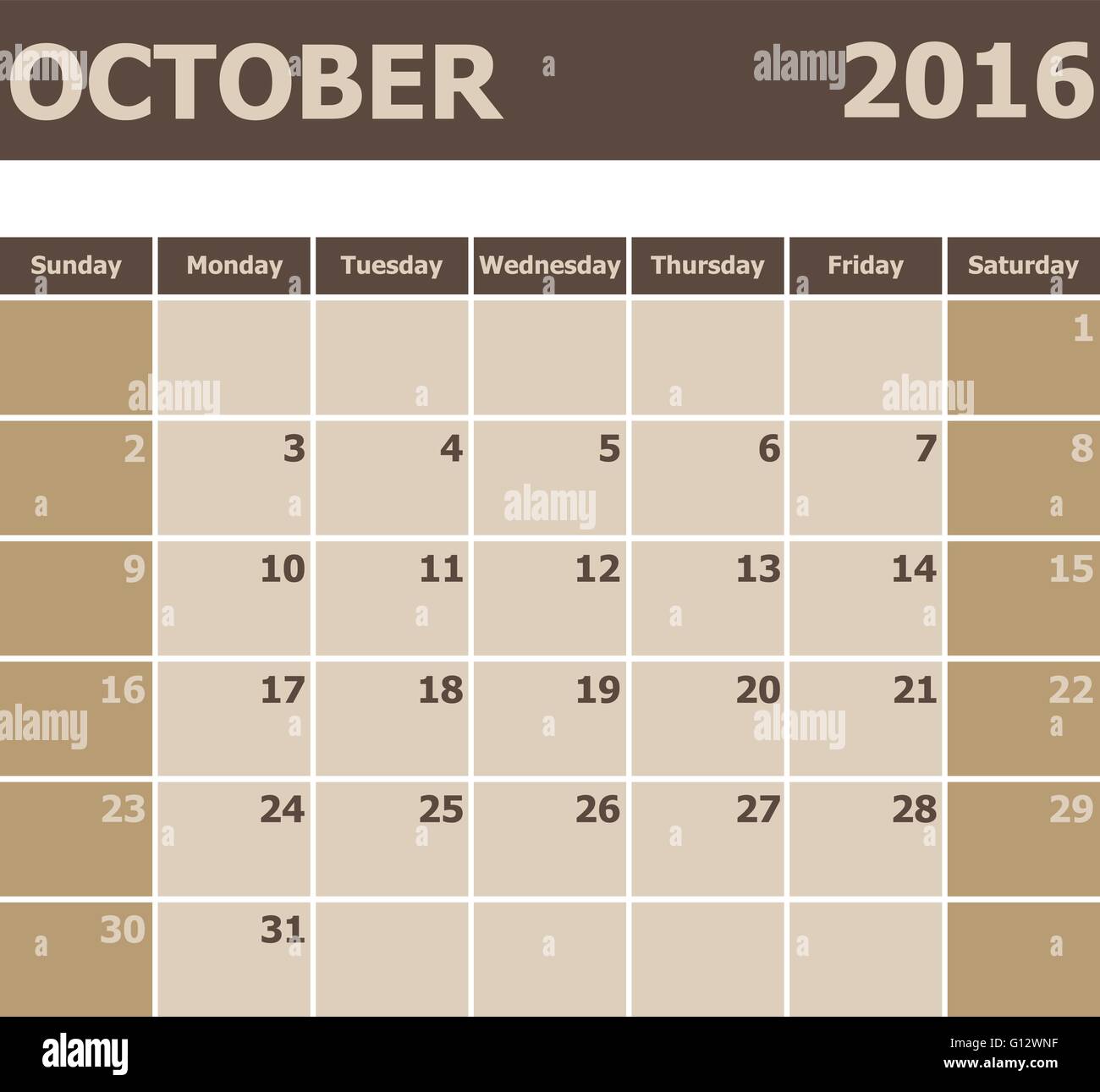 Kalender Oktober 2016, Woche ab Sonntag, Lager Vektor Stock Vektor