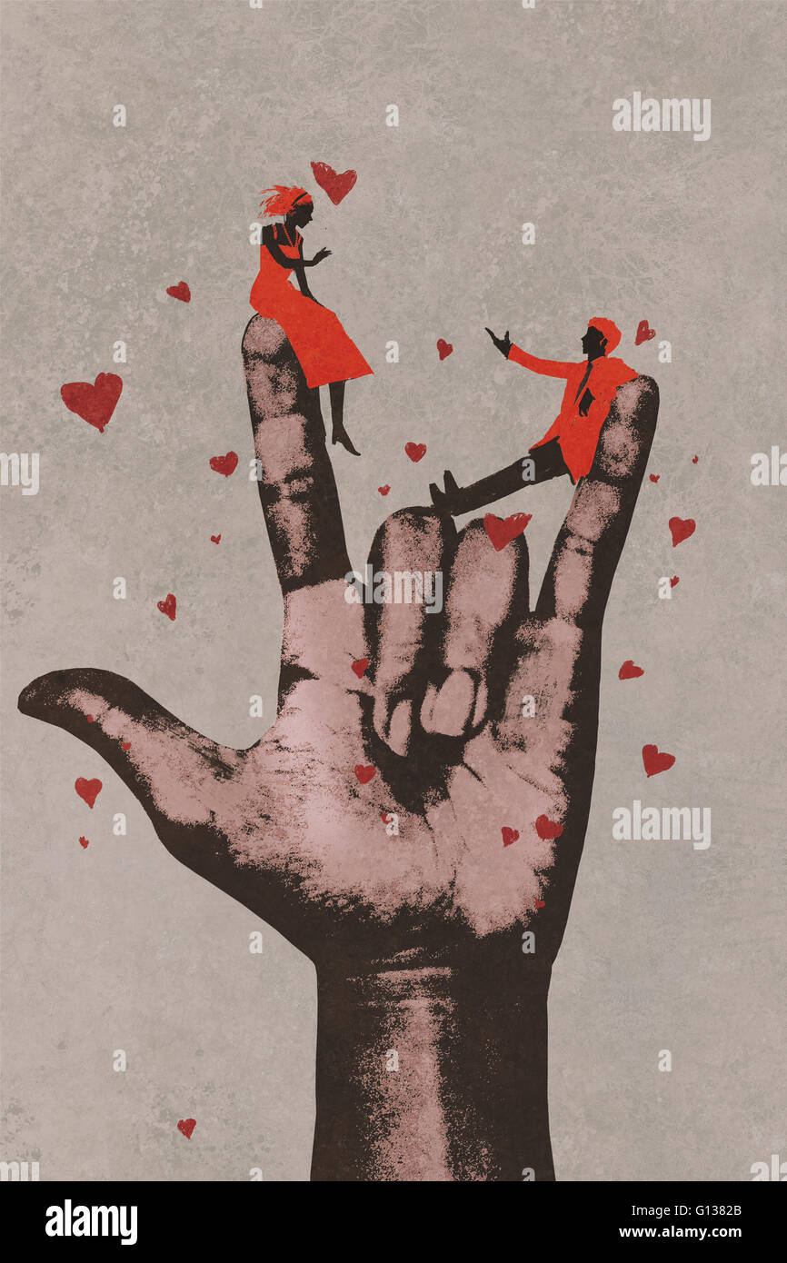 große Hand in ich liebe dich Zeichen mit romantisch zu zweit in der Liebe, Illustration, Malerei Stockfoto