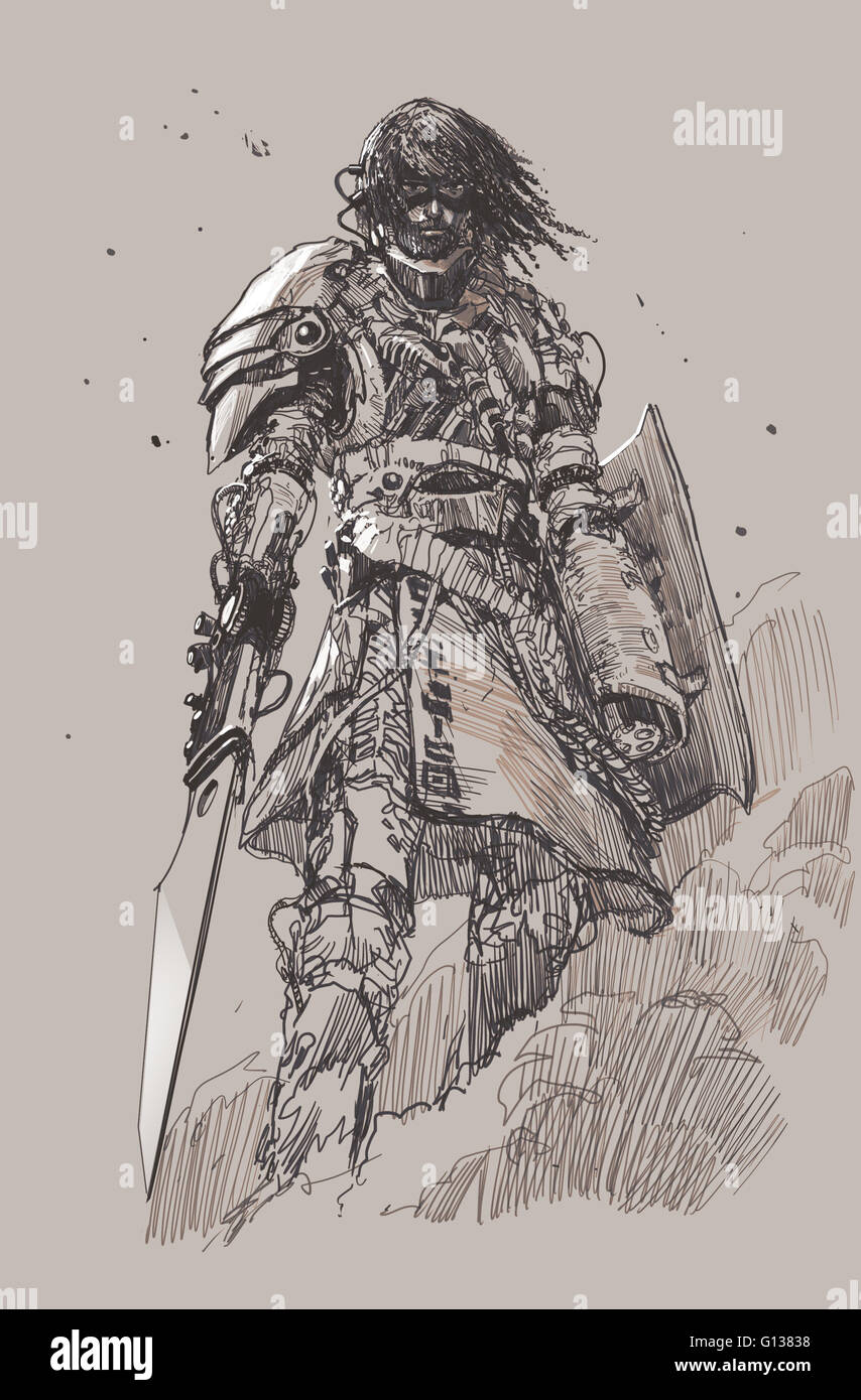 futuristische Ritter mit Klinge, Zeichnung, Skizze Stockfoto