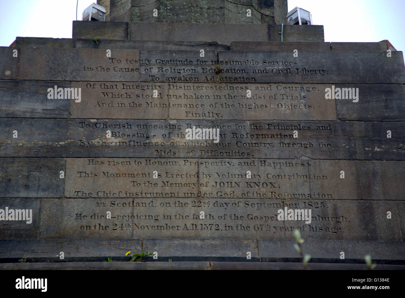 Evangelische Erklärung zum Gedenken an Calvinist John Knox Denkmal Nekropole, Glasgow. Scotland,U.K Stockfoto