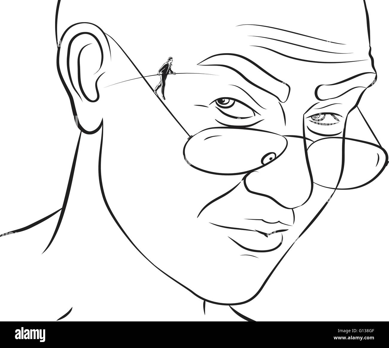 Vektor-Illustration der Seiltänzer auf dem Draht-Arm der Brille als Eigentümer der Gläser schaut ihm verdächtig Stock Vektor