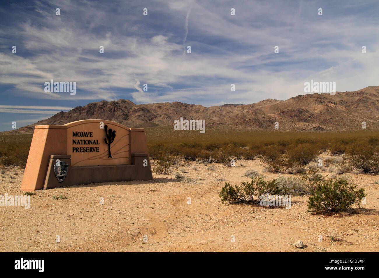 Ortseingangsschild, Mojave National Preserve, Kalifornien Stockfoto