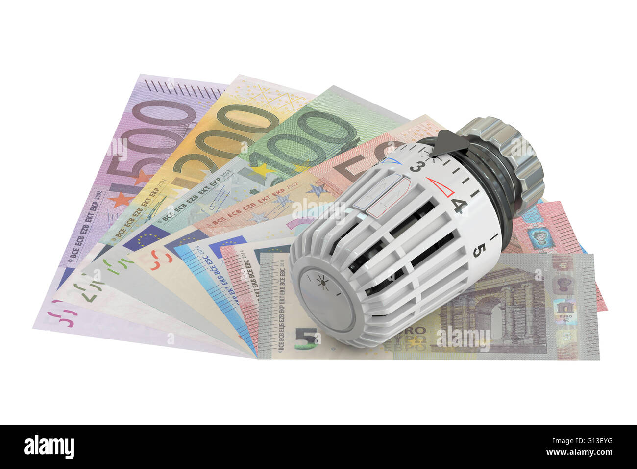 Energiesparkonzept mit Thermostat und Geld, 3D rendering Stockfoto