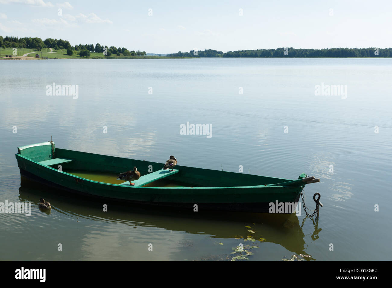 das Holzboot mit Enten auf dem See schwimmt Stockfoto