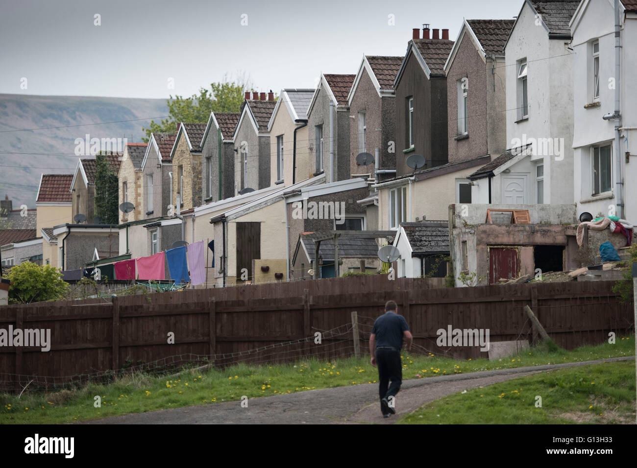 Reihenhäuser in Merthyr, South Wales Valleys, Bedlinog, Wales. Stockfoto