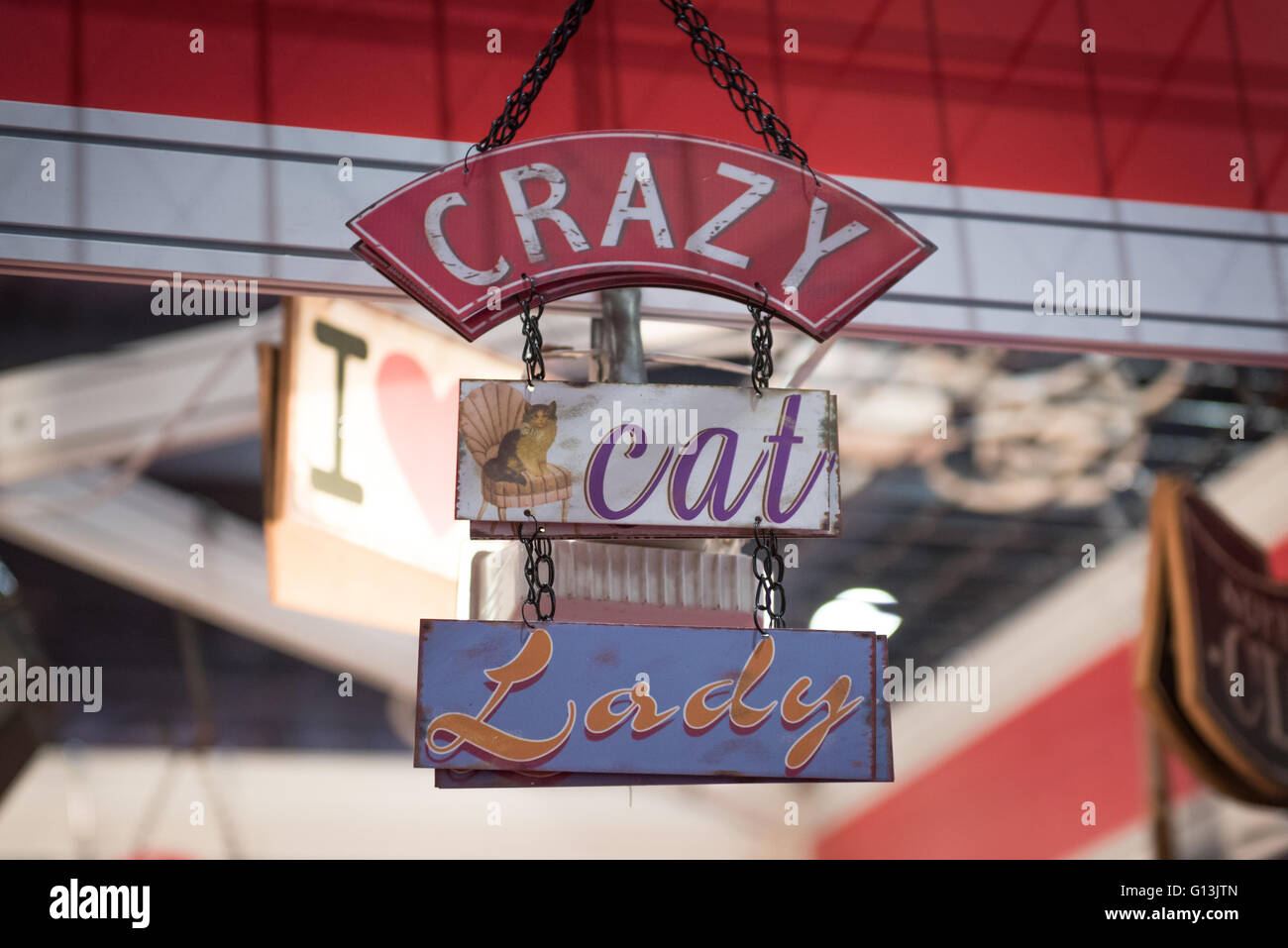 Crazy Cat Lady Hängebanner Zeichen in The National Pet Show im Excel Centre 7. Mai 2016 in London, Vereinigtes Königreich. Stockfoto