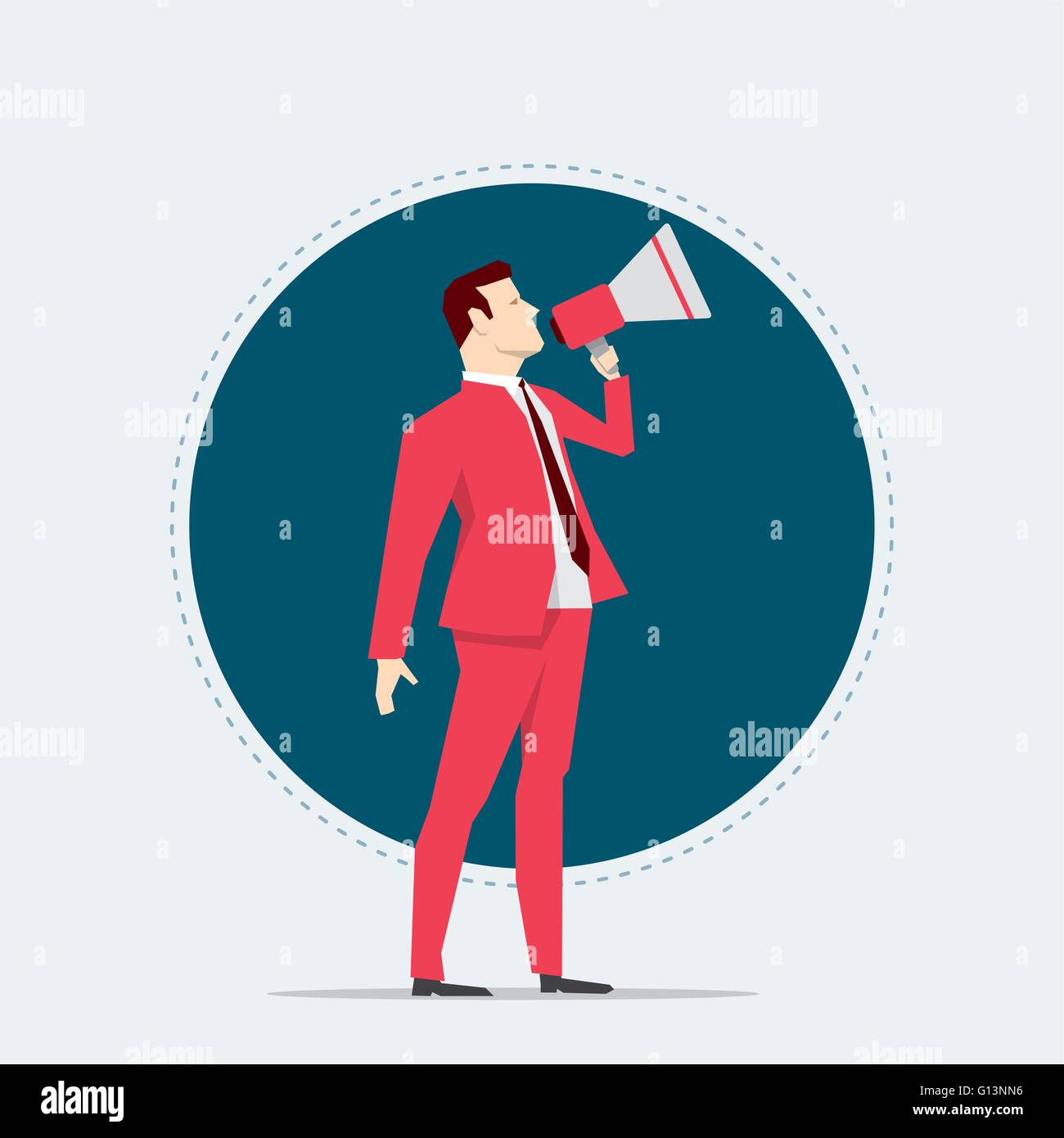 Kaufmann im roten Anzug. Megaphon. Flachen Stil-Vektor-Illustration. Stock Vektor