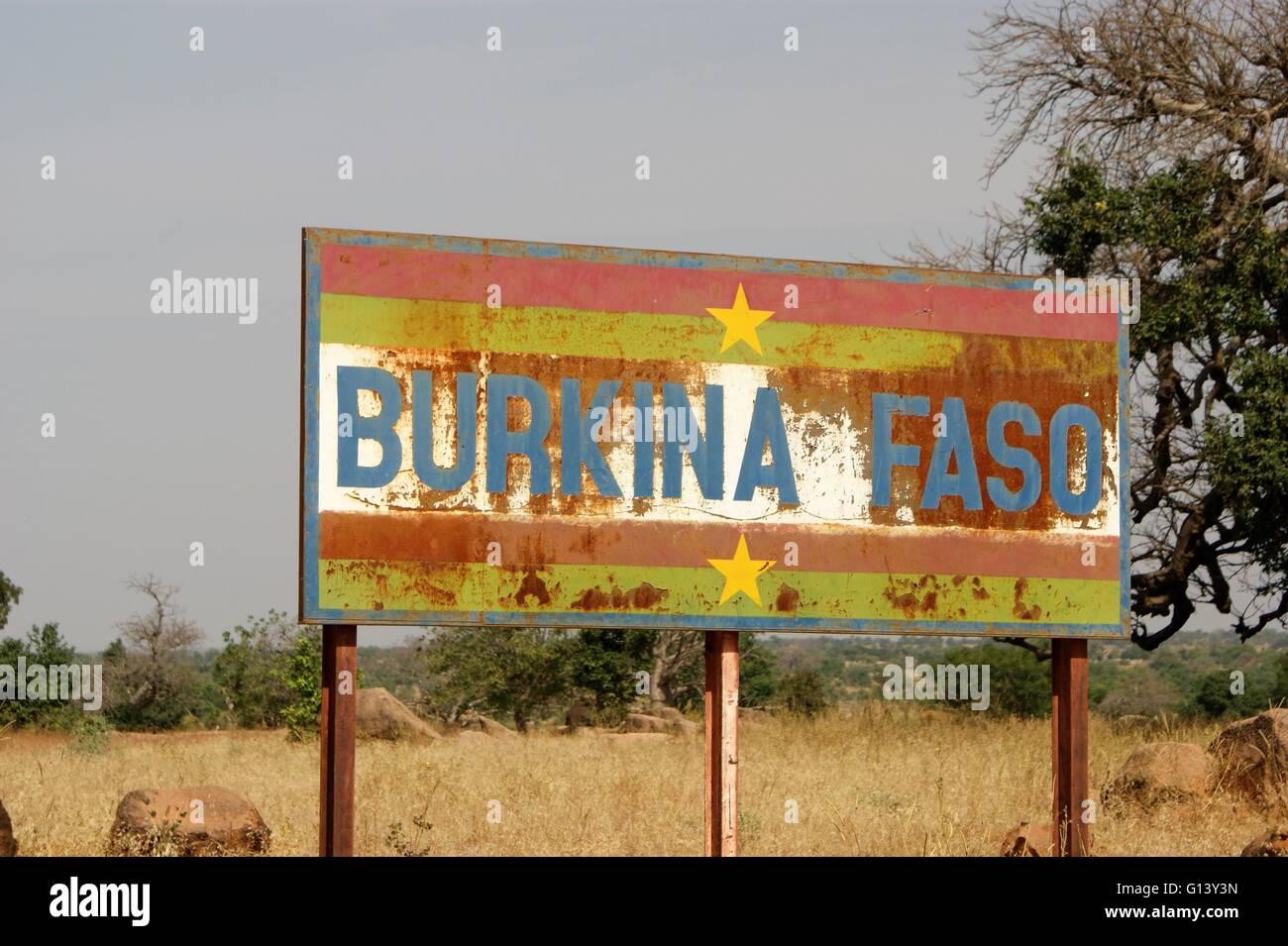 Burkina Faso, Grenze und Land Schild, Burkina in Westafrika Stockfoto