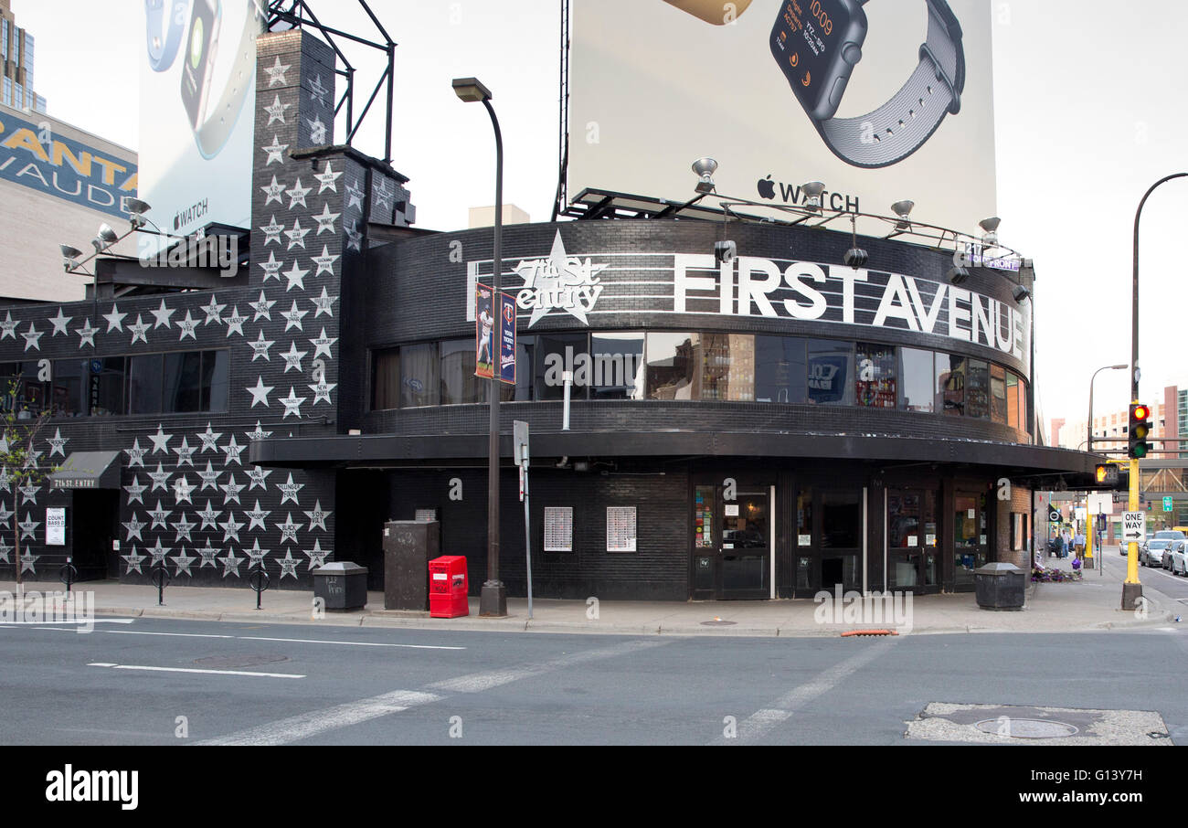 Das äußere des First Avenue & 7th Street Eintrag Nachtclub in der Innenstadt von Minneapolis, Minnesota Stockfoto