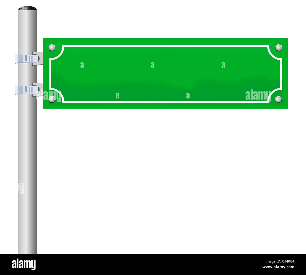 Straßenschild - Rohling, grün, an einem Mast befestigt. ICHIllustration auf weißem Hintergrund. Stockfoto