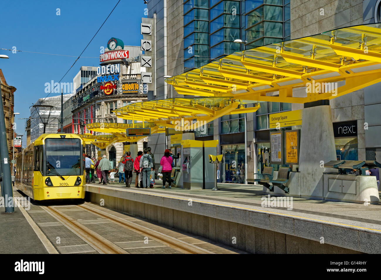 Manchester Metrolink Tram-Station am Exchange Square, Corporation Street, Manchester, Greater Manchester, England Stockfoto
