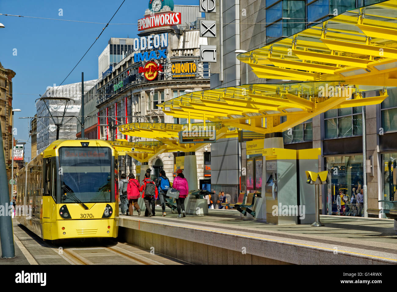 Manchester Metrolink Tram-Station am Exchange Square, Corporation Street, Manchester, Greater Manchester, England Stockfoto