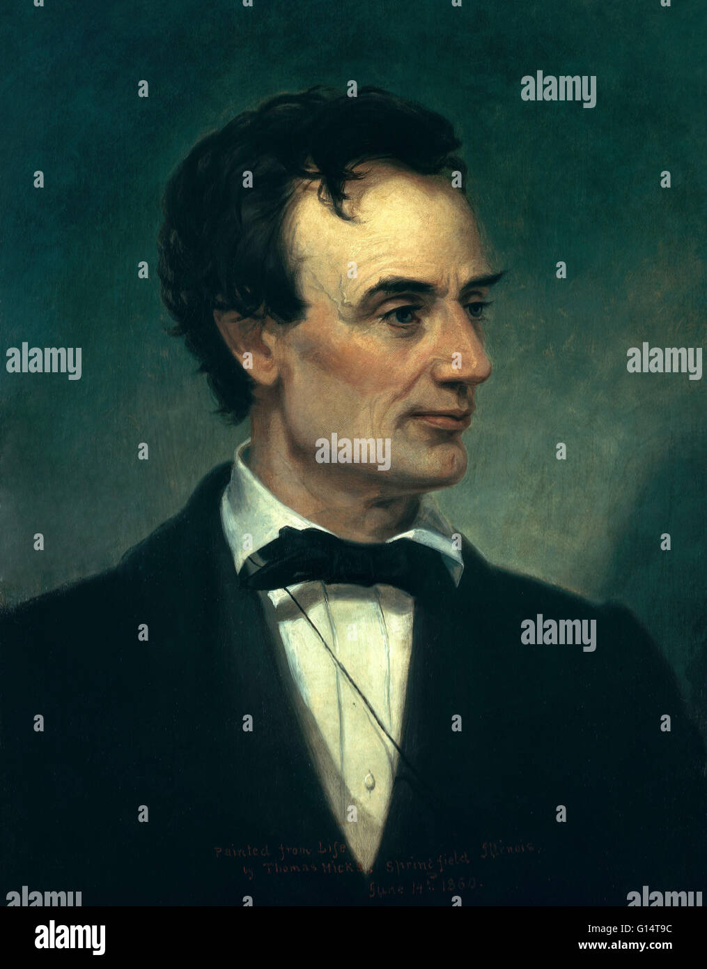 Gemälde von Lincoln von Thomas Hicks im Jahre 1860 in Springfield, Illinois. Abraham Lincoln (12. Februar 1809 - 15. April 1865) war der 16. Präsident der Vereinigten Staaten, von März 1861 bis zu seiner Ermordung im Jahre 1865. Er führte sein Land durch die Amerika Stockfoto