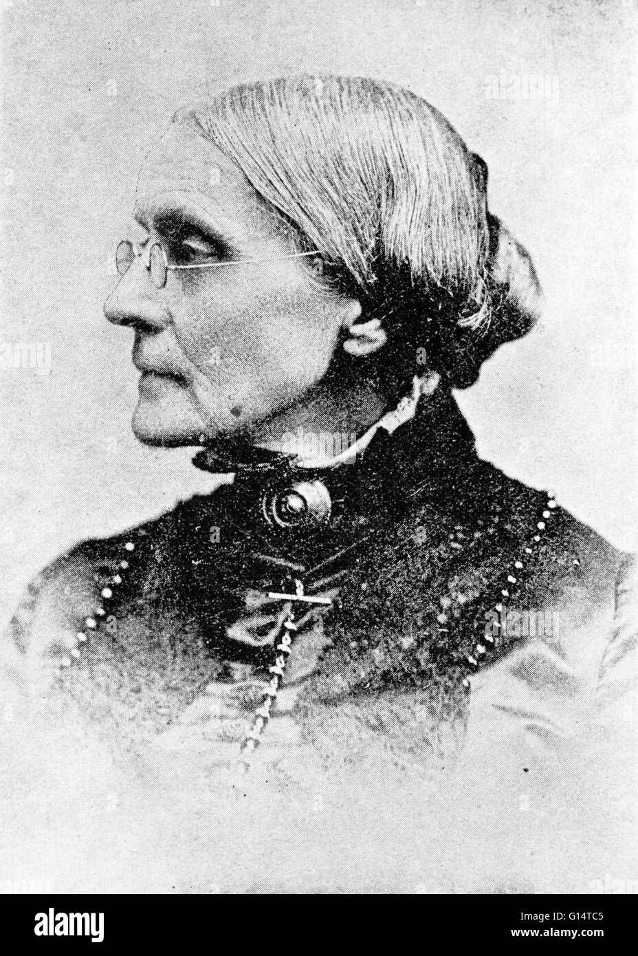 Susan Brownell Anthony (15. Februar 1820 - 13. März 1906) war ein prominenter amerikanischer Bürgerrechtler. In der Zeit vor dem amerikanischen Bürgerkrieg, Anthony, erst 17 Jahre alt, nahm eine herausragende Rolle in der New Yorker Anti-Sklaverei-Bewegung durch das Sammeln von petit Stockfoto