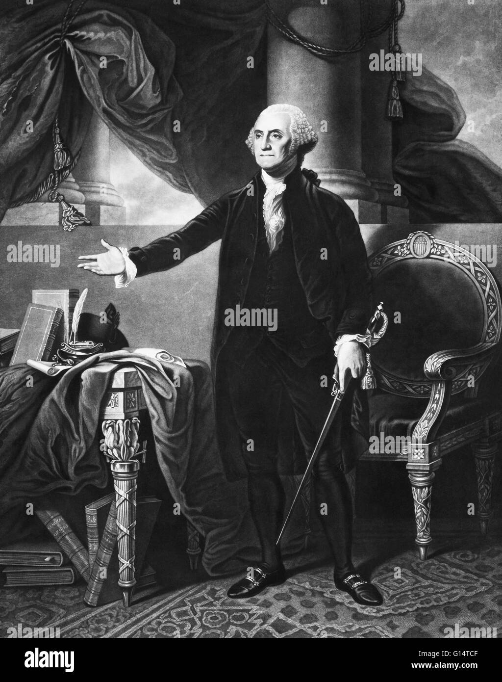1844 Schabkunst Porträt von George Washington, von h.s. Sadd, und basierend auf Gilbert Stuart Lansdowne Portrait, (1796). George Washington (1731 und 1732-1799) war der erste Präsident der Vereinigten Staaten von Amerika, darunter von 1789 bis 1797 und dominante mi Stockfoto
