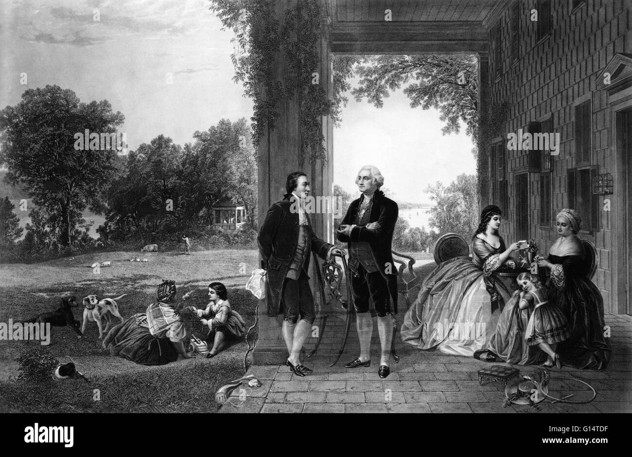 Washington und Lafayette in Mount Vernon, 1784. Kupferstich aus Gemälde von Thomas Prichard Rossiter und Louis Remy Mignot. George Washington (1731 und 1732-1799) war der erste Präsident der Vereinigten Staaten von Amerika, darunter von 1789 bis 1797 und domina Stockfoto