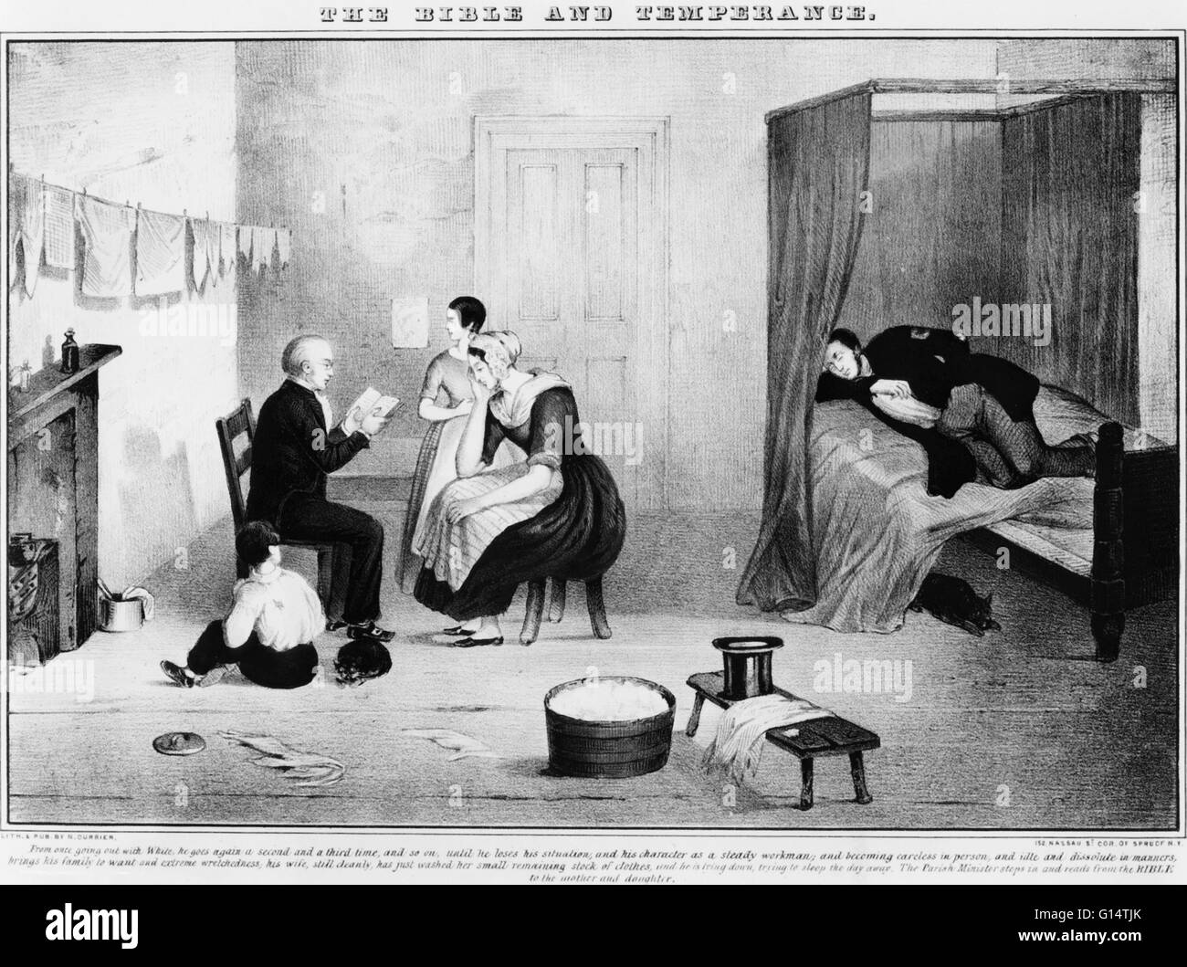 Politische Darstellung eines Ministers lesen aus der Bibel auf verzweifelt ein Alkoholiker Familienmitglieder, wie er den Tag Weg im Bett schläft. Stockfoto