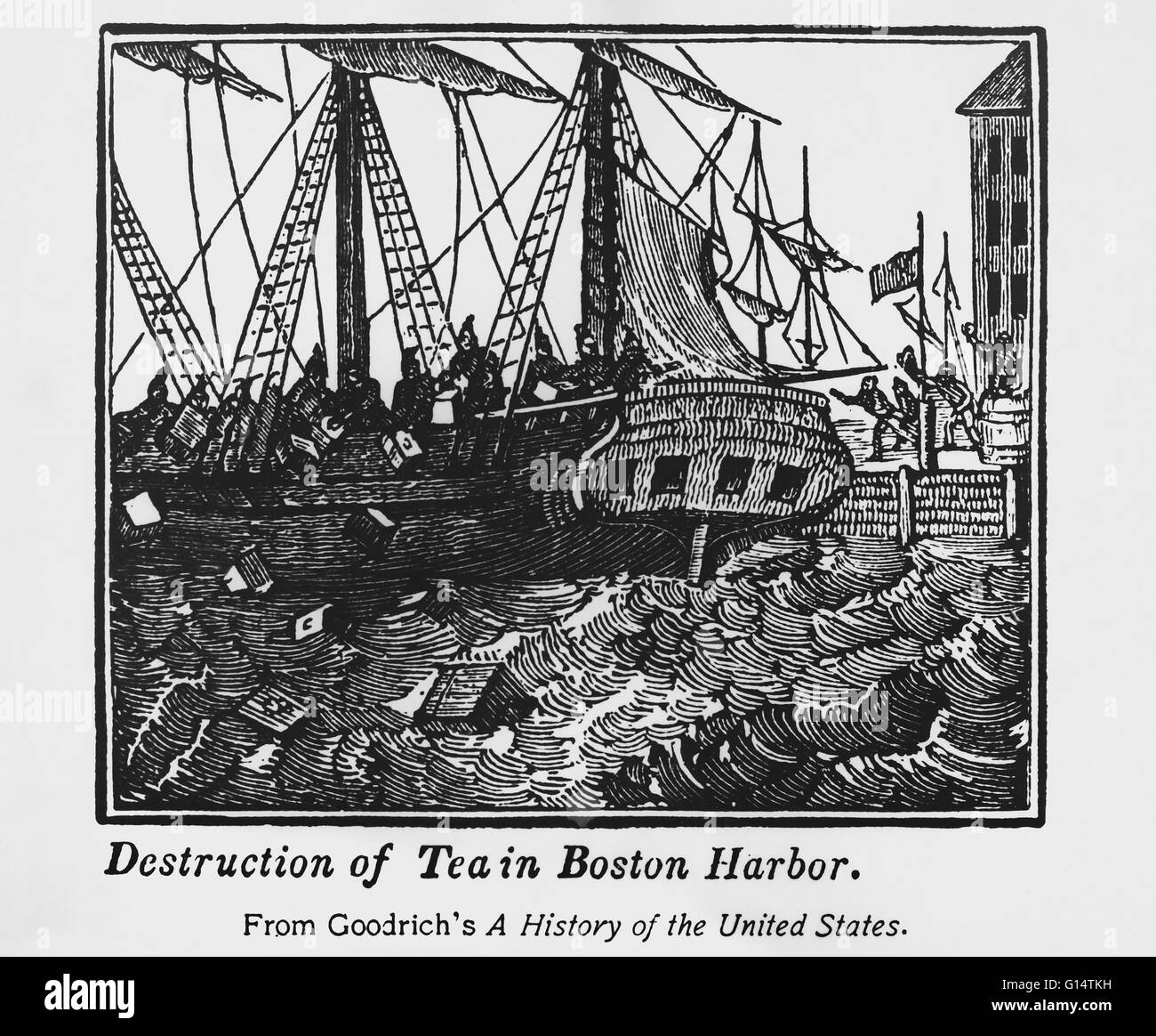 Die Boston Tea Party war eine direkte Aktion von Kolonisten in Boston, einer Stadt in der britischen Kolonie von Massachusetts, gegen die britische Regierung und die East India Company, die den Tee, die in den Kolonien importiert gesteuert. Am 16. Dezember 1773, nach o Stockfoto