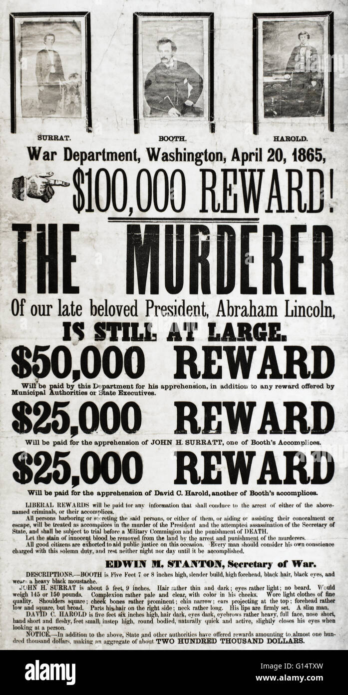 Steckbrief für John Wilkes Booth, Lincolns Mörder und seinen Komplizen. John Wilkes Booth (1838-1865) war ein US-amerikanischer Bühnenschauspieler der Präsident Abraham Lincoln im Ford Theater in Washington, D.C., am 14. April 1865 ermordet. Er war ein Stockfoto