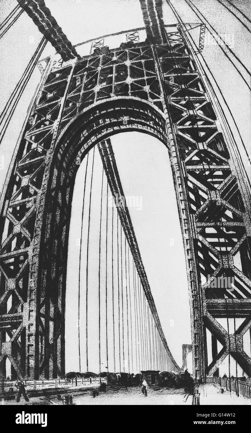 Radierung von Gottlob L. Briem (1899-1972), zeigt einen Turm von der George-Washington-Brücke im Bau in New York City, ca. 1930. Die Brücke wurde zwischen 1927 und 1931 gebaut. Stockfoto