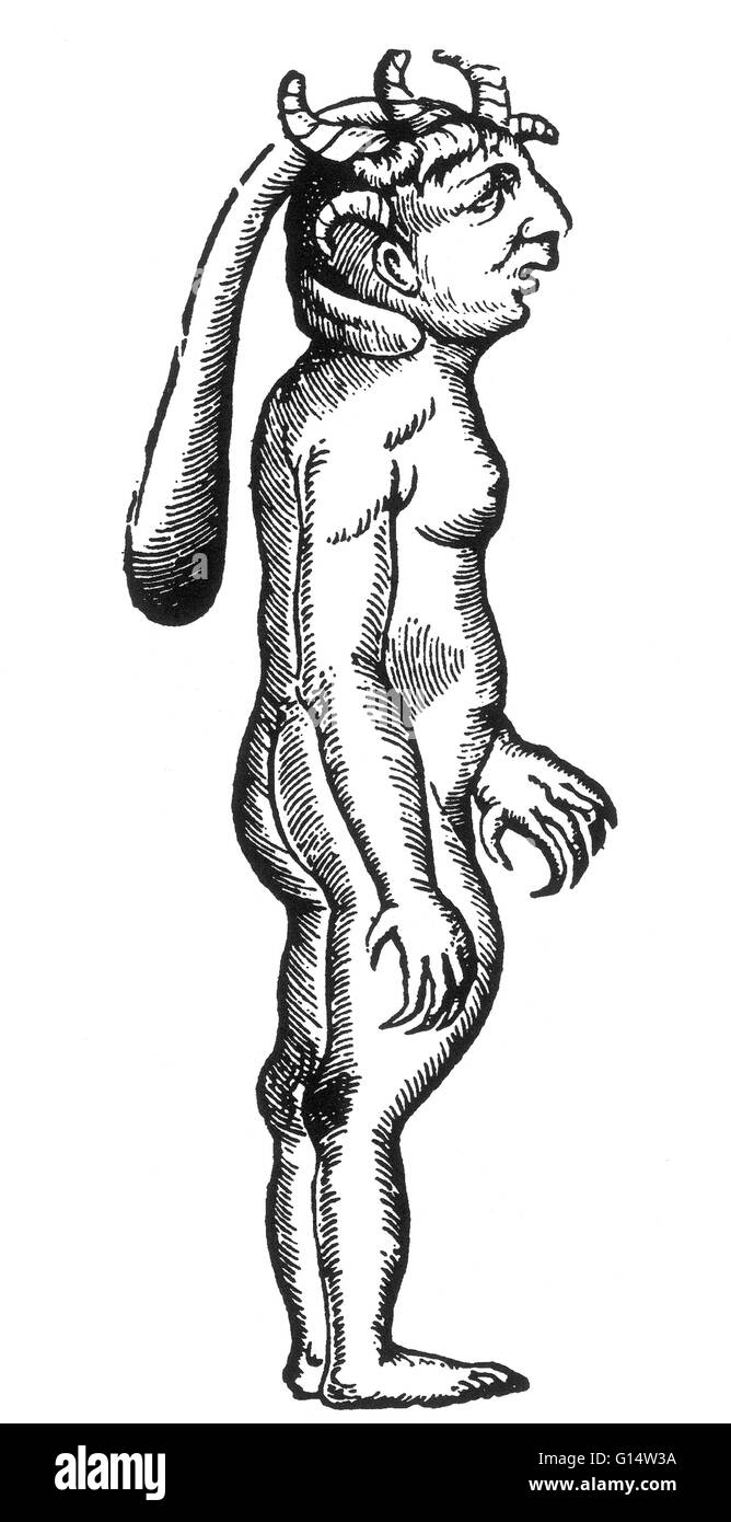 Holzschnitt "gehörnten oder Kapuzen Monster" aus Des Monstres et Prodiges von Ambroise Paré, 1573. Des Monstres ist gefüllt mit unbegründeten Konten der Sea Devils, marine Sauen und monströse Tiere mit menschlichen Gesichtern. Mit seinen umfangreichen Diskussion von Resultaten Stockfoto