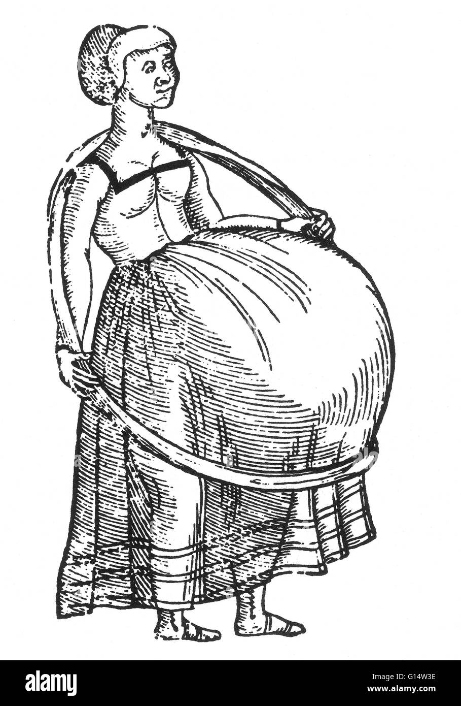 Holzschnitt "Dorothea, mit vielen Kindern, Schwangeren, die solch eine große Last tragen so schwer war, dass sie auf dem Bauch gehalten, die bis zu den Knien, mit einem großen Reifen herabhing, die über ihren Hals und Schulter hing" aus Des Monstres et Prodiges von A Stockfoto