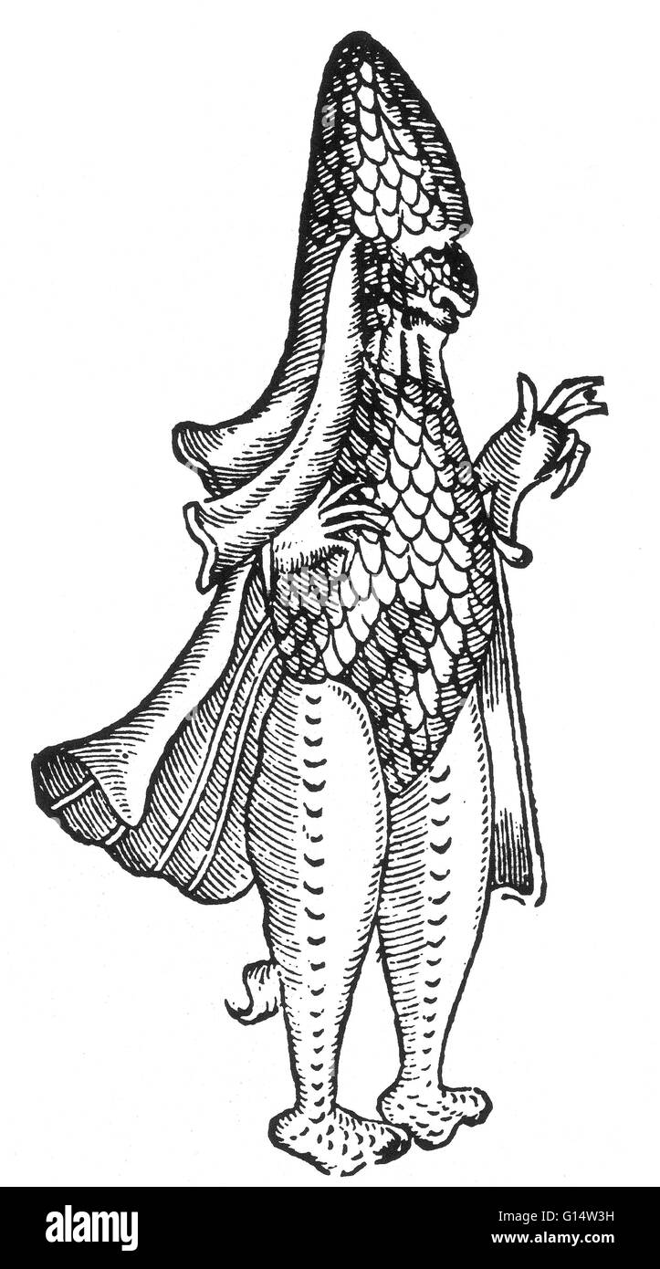 Holzschnitt von "gekleidet ein marine Monster ähnelt einen Bischof in seiner päpstlichen Kleider" von Des Monstres et Prodiges von Ambroise Paré, 1573. Des Monstres ist gefüllt mit unbegründeten Konten der Sea Devils, marine Sauen und monströse Tiere mit menschlichen fa Stockfoto