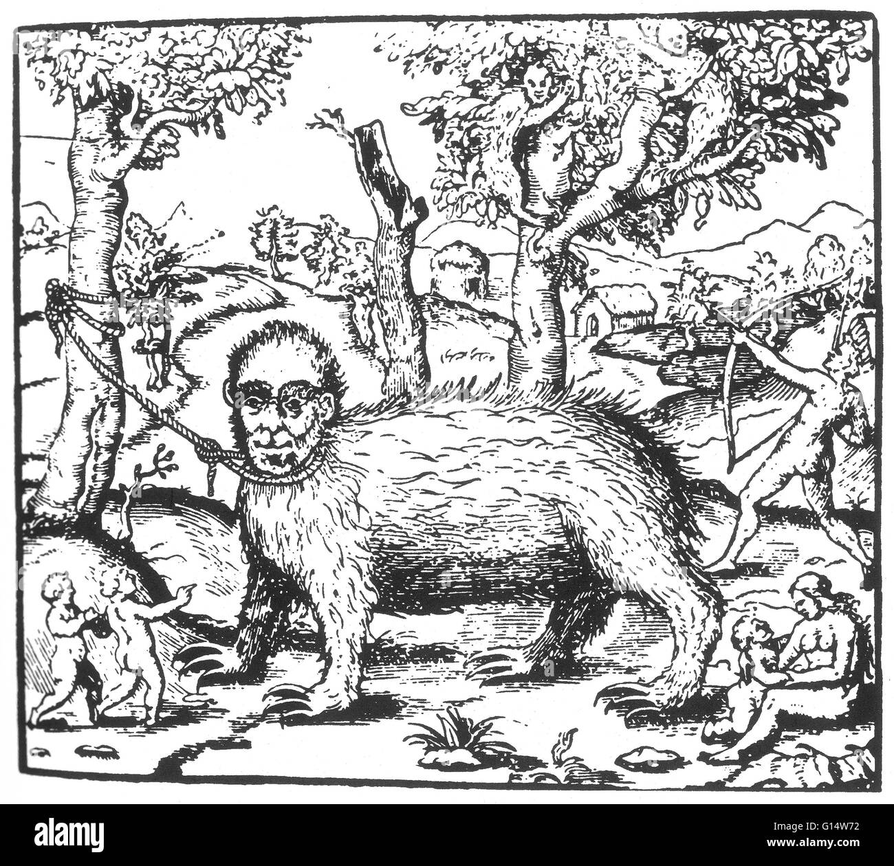 Holzschnitt von eine "monströse Tier, das lebt nur auf Luft, genannt Haiit" aus Des Monstres et Prodiges von Ambroise Paré, 1573. Des Monstres ist gefüllt mit unbegründeten Konten der Sea Devils, marine Sauen und monströse Tiere mit menschlichen Gesichtern. Mit seiner e Stockfoto