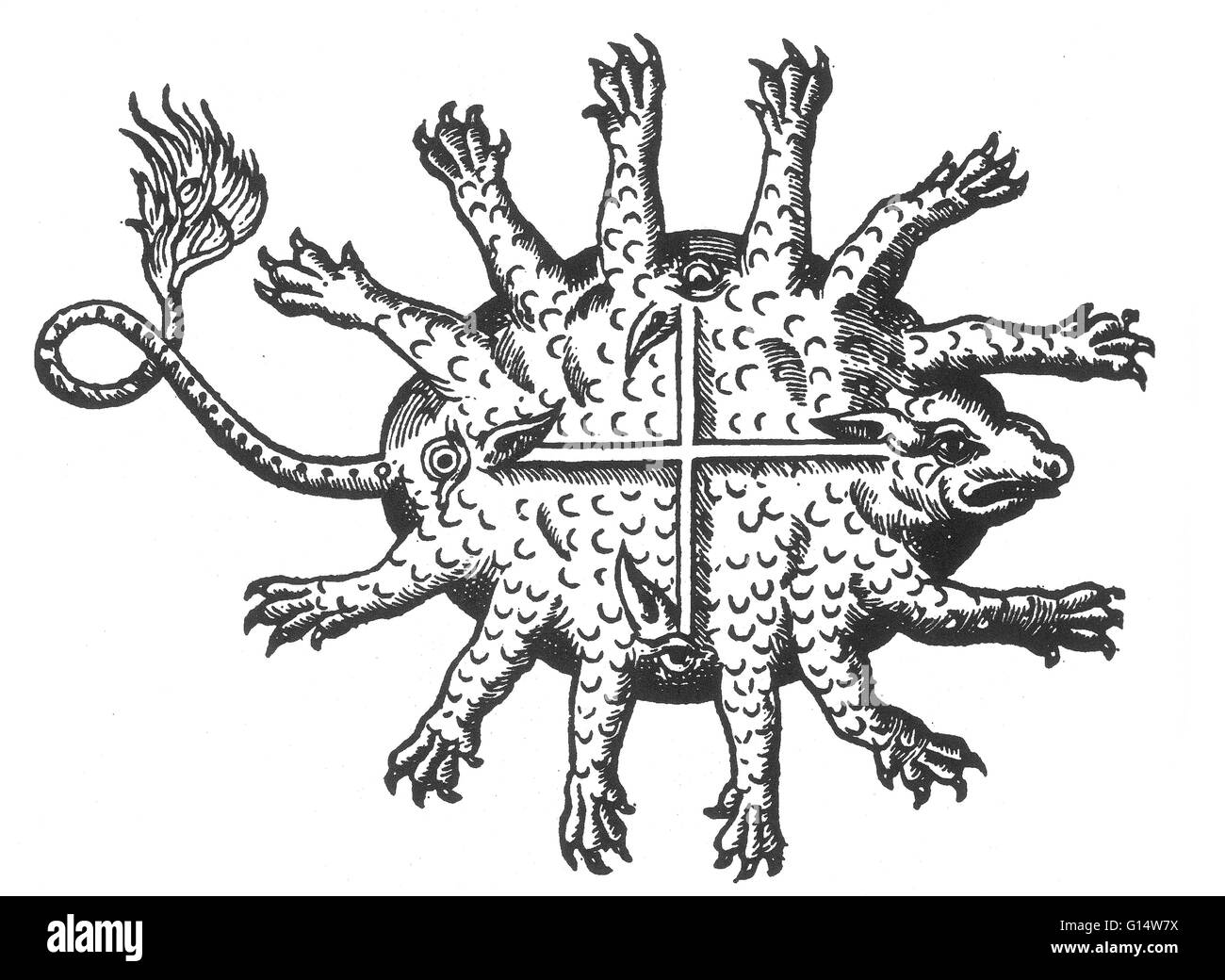 Holzschnitt von einer "sehr monströsen Tier, das in Afrika geboren wird" von Des Monstres et Prodiges von Ambroise Paré, 1573. Des Monstres ist gefüllt mit unbegründeten Konten der Sea Devils, marine Sauen und monströse Tiere mit menschlichen Gesichtern. Mit seinen umfangreichen d Stockfoto