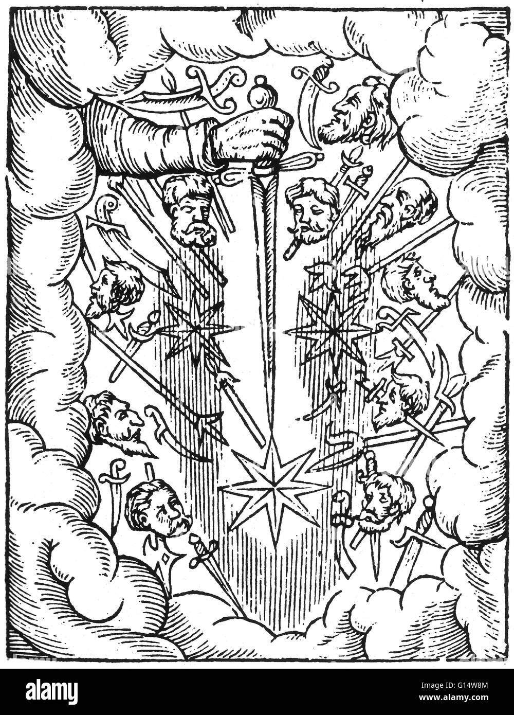 Holzschnitt von einer 'Angst vor Kometen gesehen in der Luft"von Des Monstres et Prodiges von Ambroise Paré, 1573. Des Monstres ist gefüllt mit unbegründeten Konten der Sea Devils, marine Sauen und monströse Tiere mit menschlichen Gesichtern. Mit seinen umfangreichen Diskussion des re Stockfoto