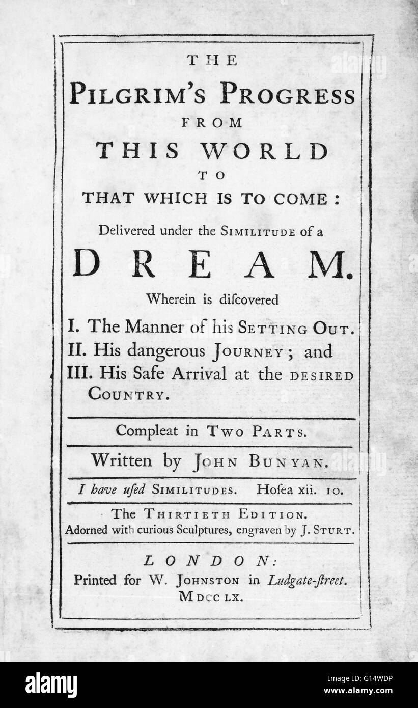 Titelblatt des "The Pilgrim es Progress" durch britische Autor John Bunyan. Das Buch ist eine christliche Allegorie, ursprünglich veröffentlicht im Jahre 1678. Diese Ausgabe, 30., wurde im Jahre 1760 gedruckt. Stockfoto