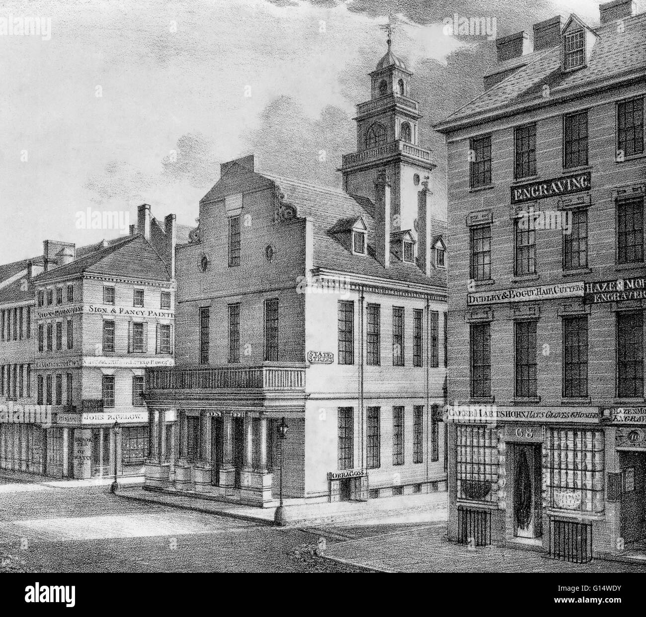 Blick auf die Post und Rathaus gesehen aus dem Südwesten auf Washington Street, Boston, Massachusetts. 19. Jahrhundert-Lithographie von Pendleton, nach William Morris Hunt. Stockfoto