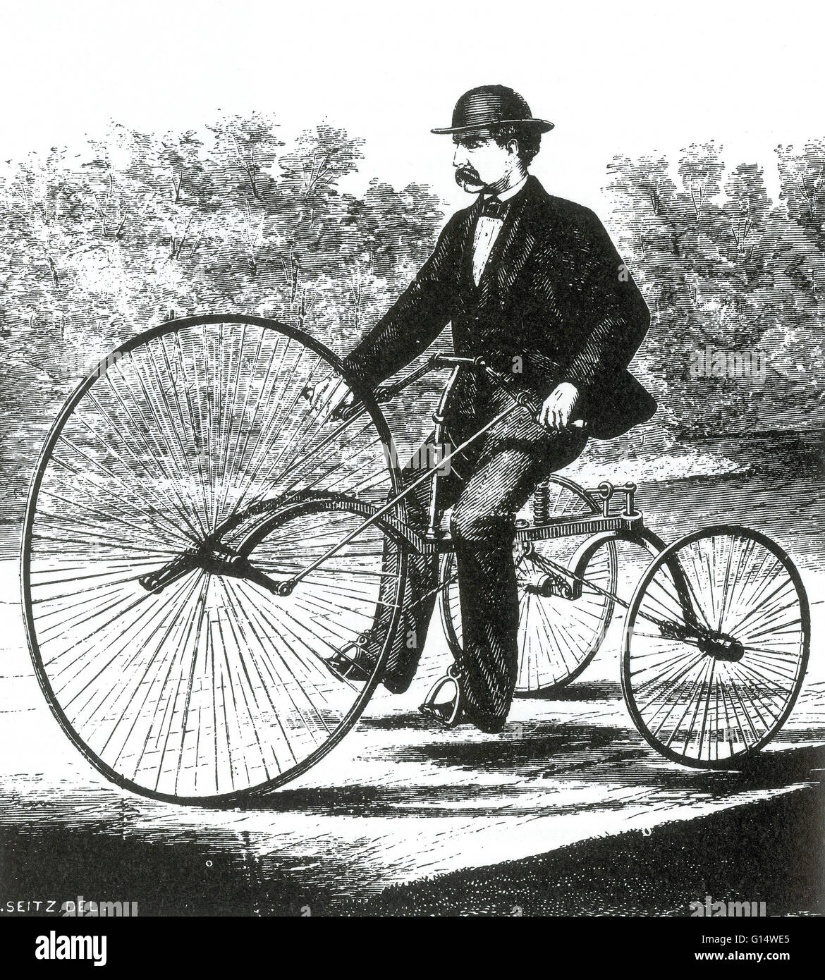 Veloziped ist ein Mensch-powered Landfahrzeug mit einem oder mehreren Rädern und einem gepolsterten Sitz, der durch die Beine des Fahrers angetrieben wurde. Dieses Gerät wurde von der gleichen Bewegung des Laufens betrieben. Seinen Reiz kam vom Fahrer Gewicht wird unterstützt durch die gepolsterten Stockfoto